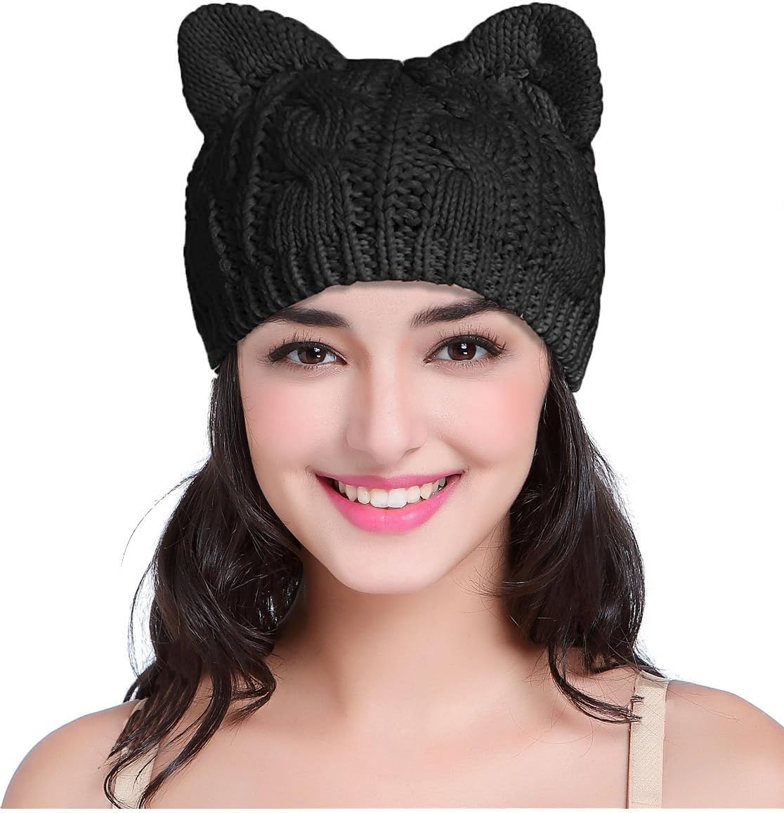 v28 Women Men Girls Boys Teens Cute Cat Ear Knit Cable Rib Hat Cap Beanie