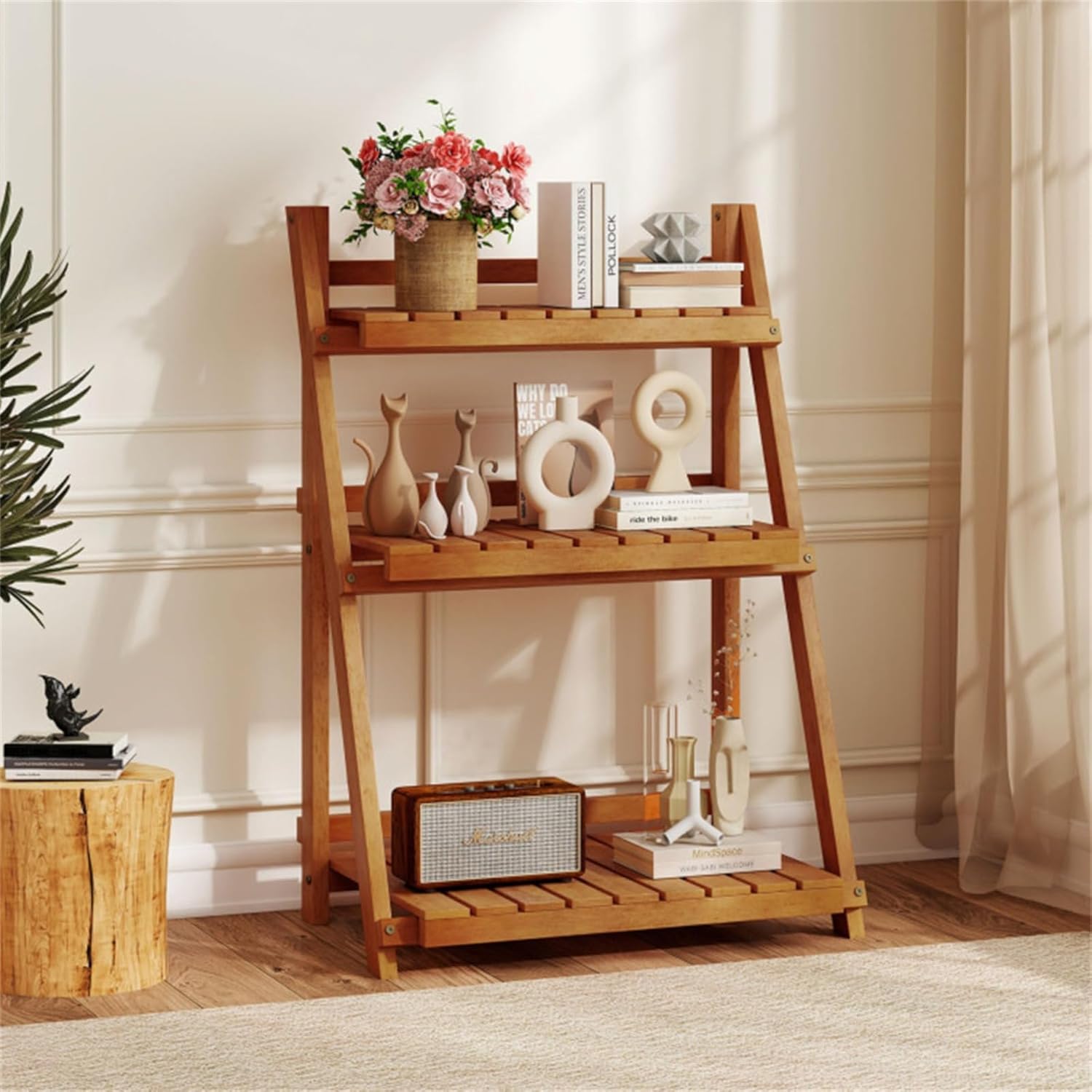 Acacia wood three-layer ladder plant rack, foldable indoor and outdoor display rack