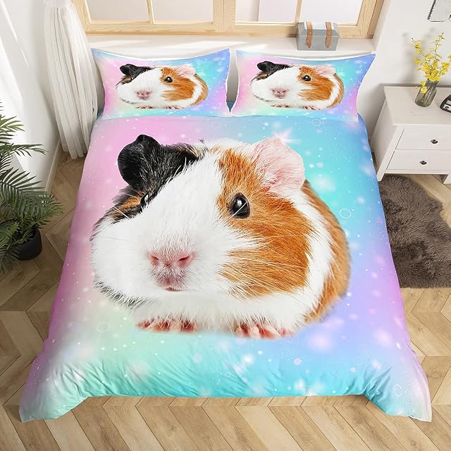Guinea Pig Bedding Set for Girls Boys Children Cute Cavy Pattern Comforter Cover 3D Lovely Pet Duvet Cover Colorful Glitter Galaxy Room Decor Bedspread Cover Single Size Bedding Collection 2Pcs