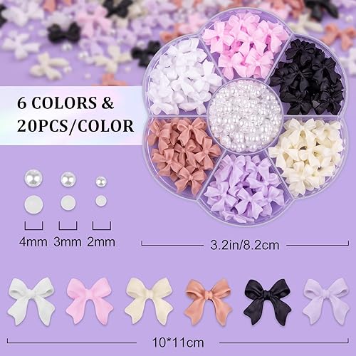 Miniatura 2 de Juego de 120 dijes de lazo de uñas 3D + perlas de uñas de 0.079 a 0.178 pulgadas, 1, 6 colores lindos dijes de lazo y perlas blancas con cola de gel