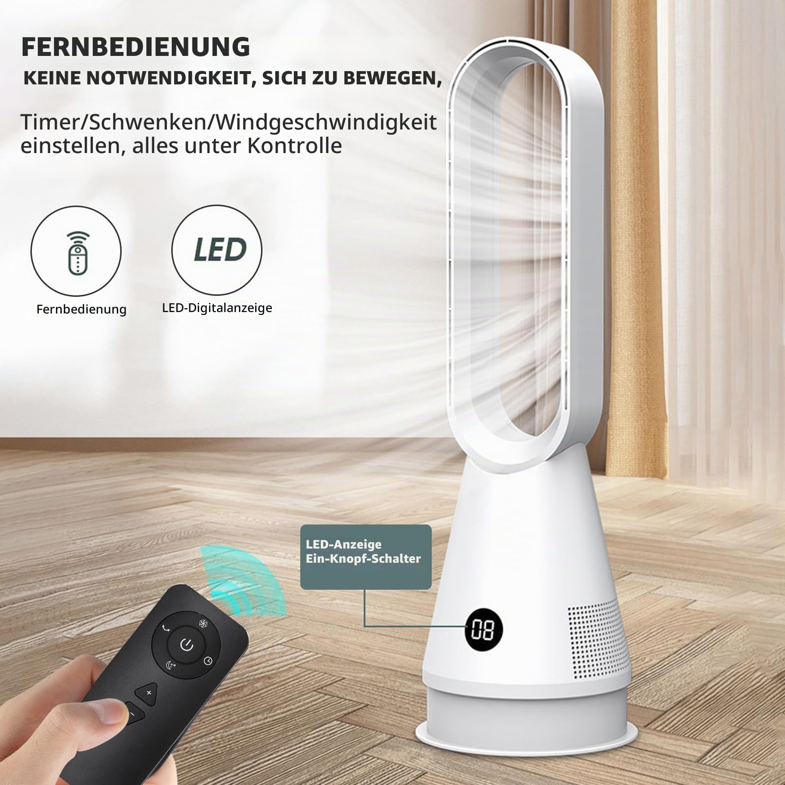 Rotorloser Ventilator,Turmventilator sehr leise & Luftreiniger,mit Fernbedienung, 8 Geschwindigkeiten,90° Oszillation, 9h Timer,oszillierender Raumkühler für Schlafzimmer, Büro (Weiß-Blau)