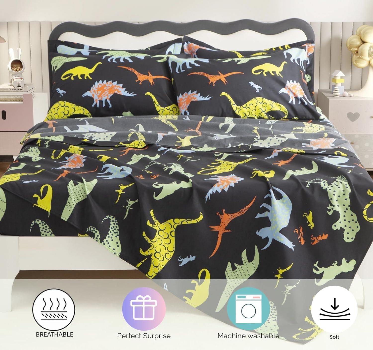 SDY 7PCS Twin Dinosaur Bedding Set，Soft Dino Bedding for Kids,Boys and Girls with Dinosaur 1Comforter 1FittedSheet 1FlatSheet 2Pillowcases 2PillowShams - Image 5