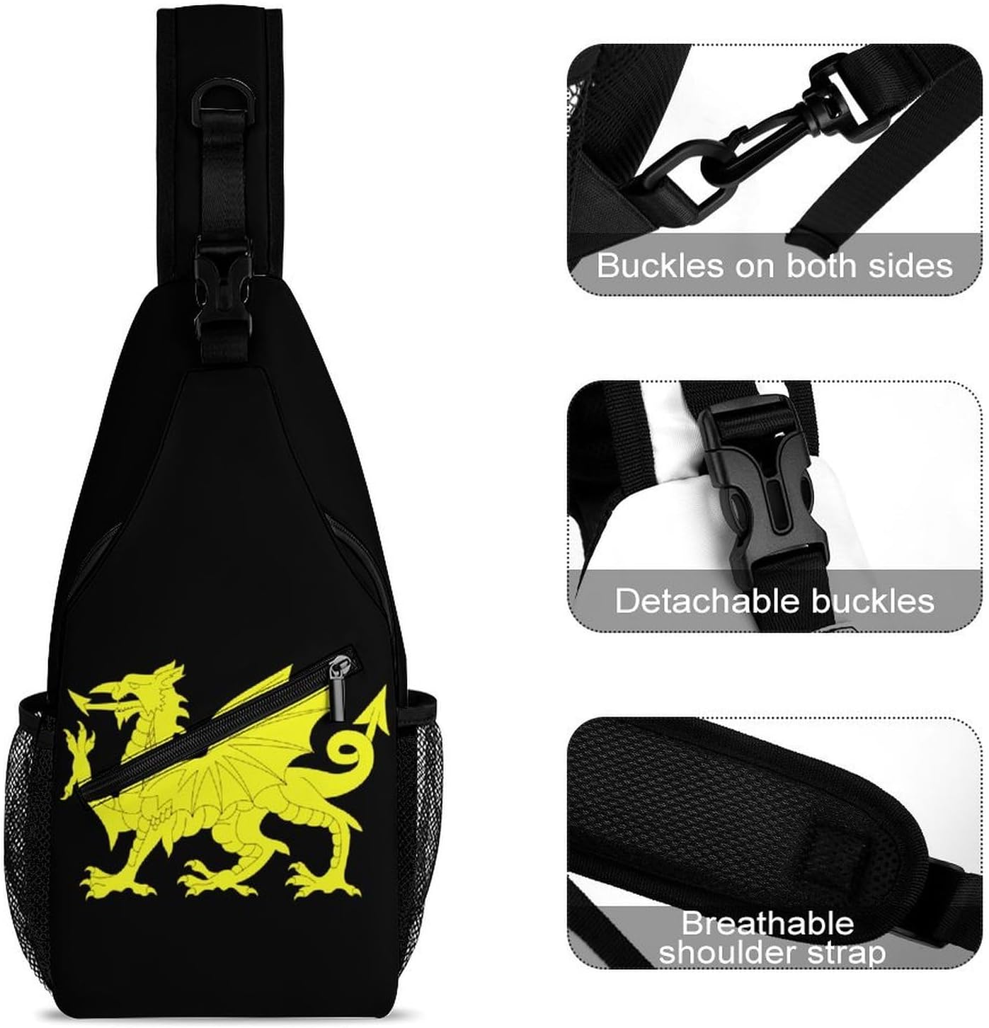 Gold Welsh Dragon Flag Men Crossbody Sling Backpack Chest Bag | Travel Fanny Pack,Hiking Daypack,Print Shoulder Bags