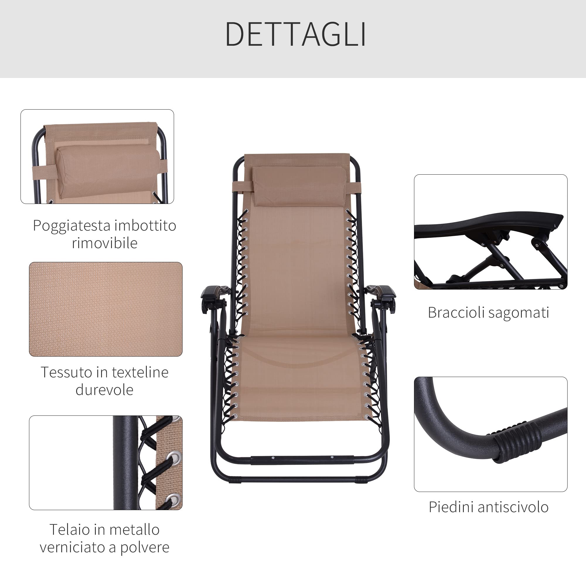 Outsunny Sedia Sdraio da Giardino Zero Gravity Pieghevole, Poggiatesta Imbottito e Reclinazione Regolabile, Crema