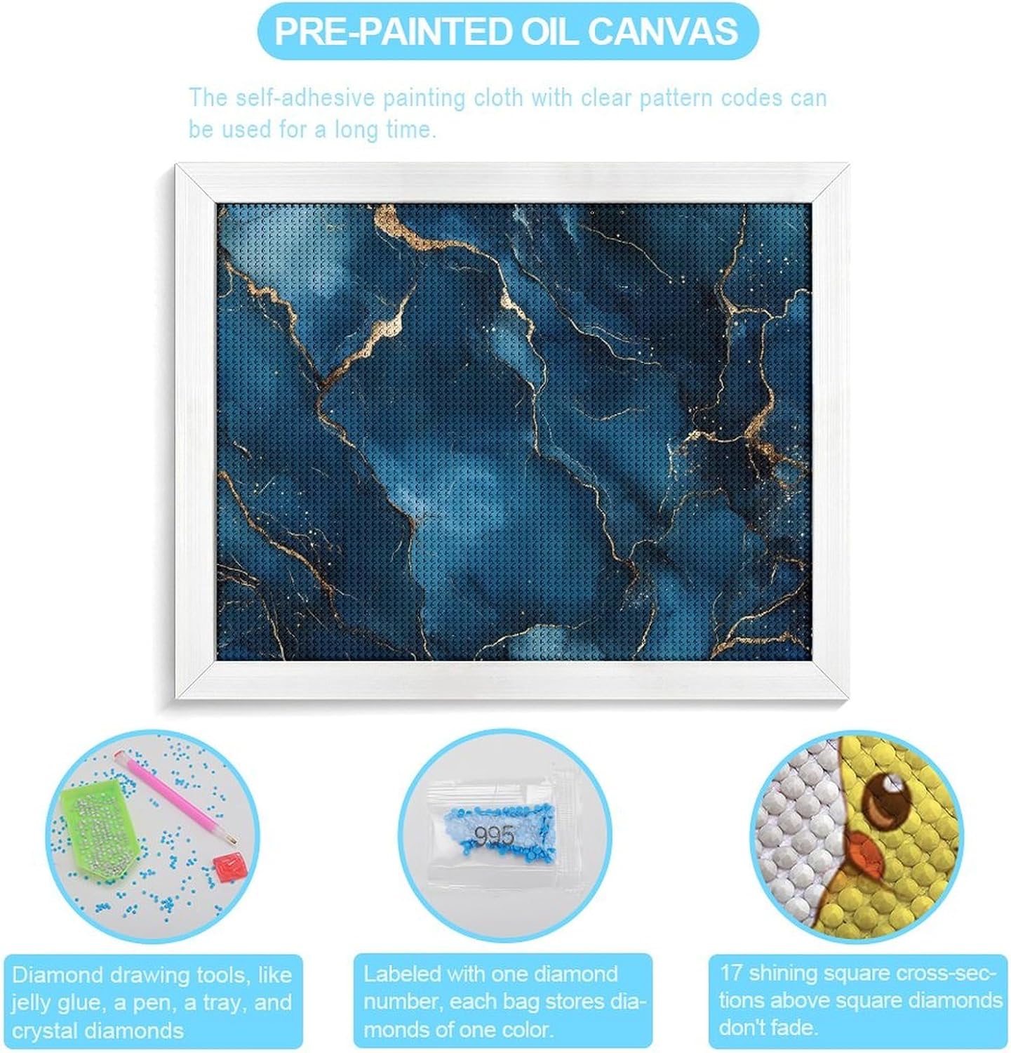 Marble Blue Gold Pattern Printed Diamond 5D Painting Kit 16x20in DIY Full Drill Craft with Tools for Home Wall Decor Gift White Wood 50 * 40cm