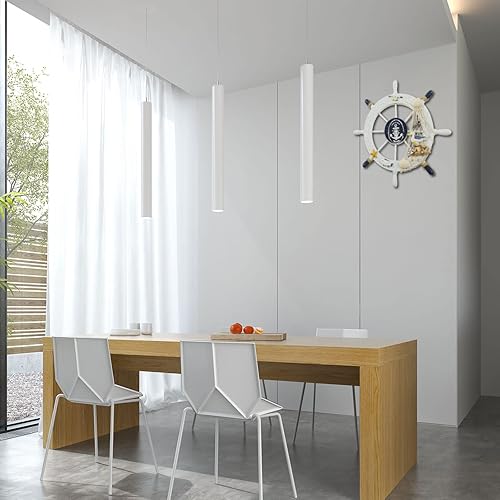 Miniatura 7 de Decoración para volante de barco, decoración de pared de timón de madera de 11 pulgadas, adornos de playa con red de pesca, patrones de gaviota,