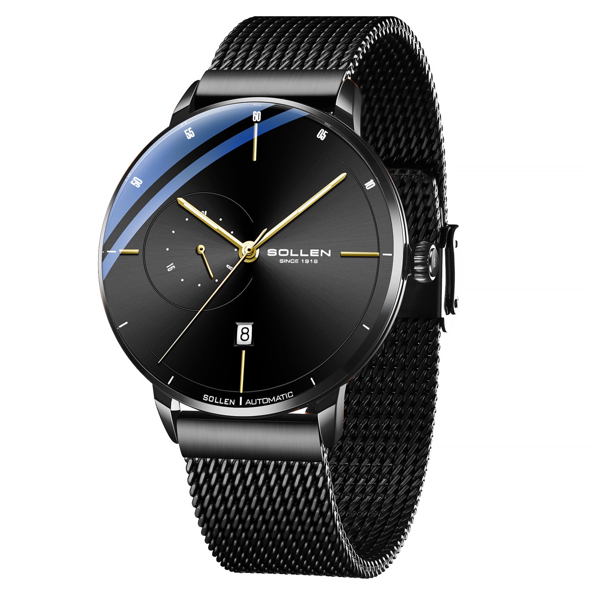SOLLEN Minimalistische Automatikuhren Herren,Automatische Herrenuhren,Originales Mechanisches Uhrwerk,Wasserdicht Leuchtend Selbstaufzug Herrenuhr mit Kalendar,Business Armbanduhr für Männer