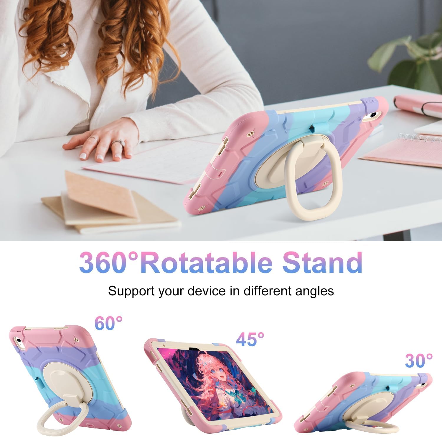 for iPad (A16) 11th Generation case 11''(2025)/10th Generation case 10.9''(2022),360°Rotatable Stand with [Pencil Holder&Shoulder Strap] Heavy Duty Shockproof Silicone Case (Colorful Pink)