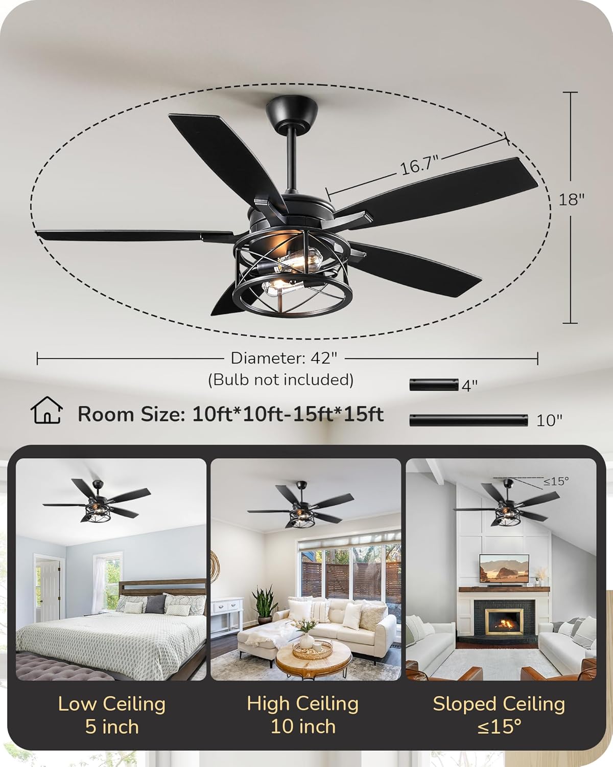 EDISHINE 42“ Black Farmhouse Ceiling Fans with Lights, Remote Control, Dimmable, 6 Speeds, 5 Wood Blades, DC Reversible Motor, Timer, Noiseless, Small Rustic Fan for Bedroom Living Room Kids Room
