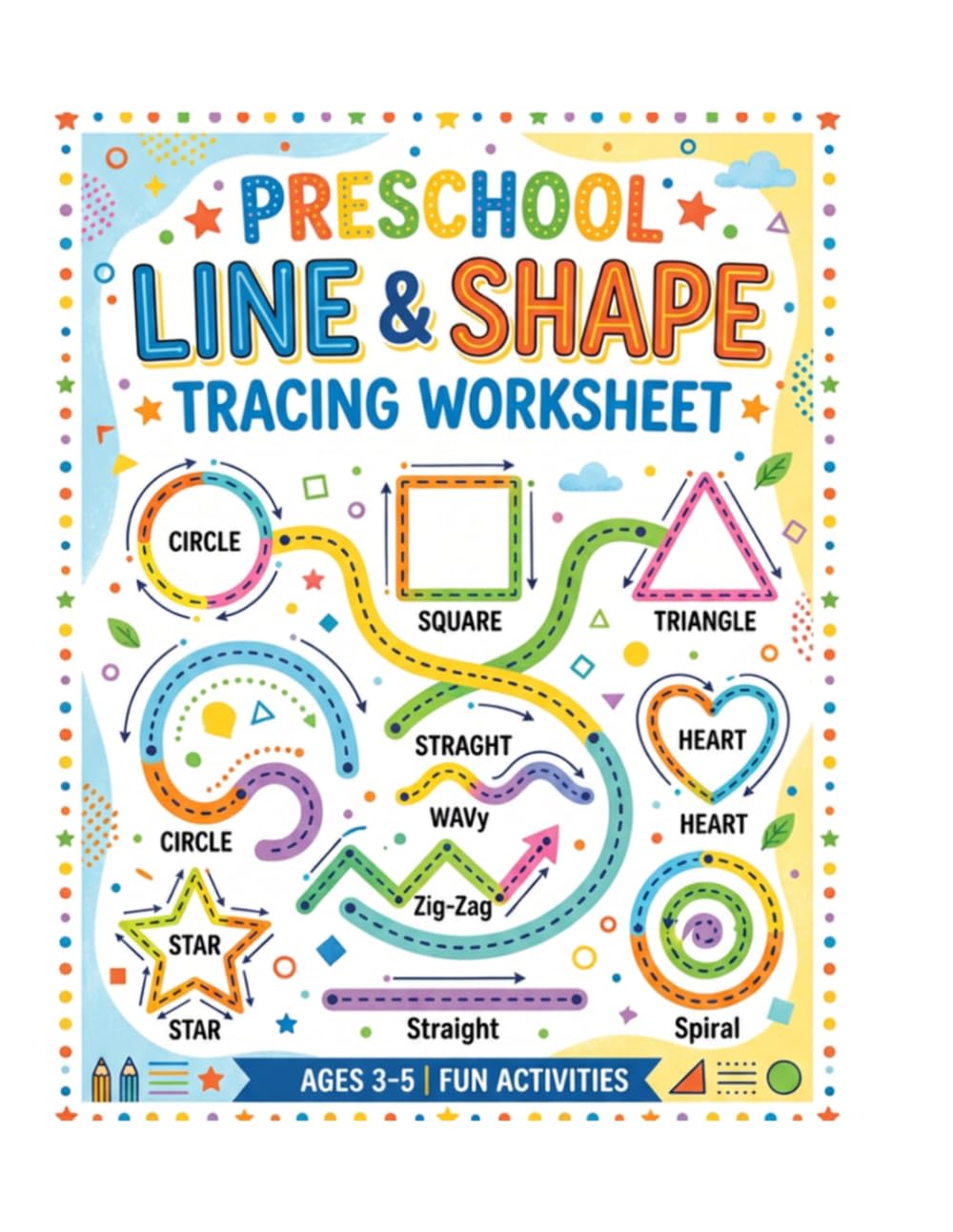 Preschool Line & Shape Tracing Worksheet: Simple Line and Shape Activities for Kindergarten Readiness