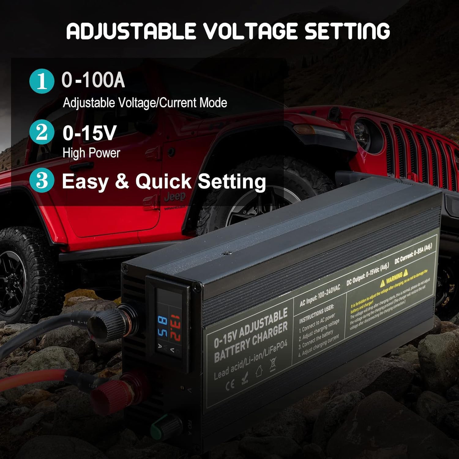 Cargador Batería LiFePO4 12V 100A, Regulación Voltaje Multivueltas 0-15V Preciso, Cargador Baterías 12.6V 14.6V Rápido, Terminales Positivo/Negativo Reemplazables