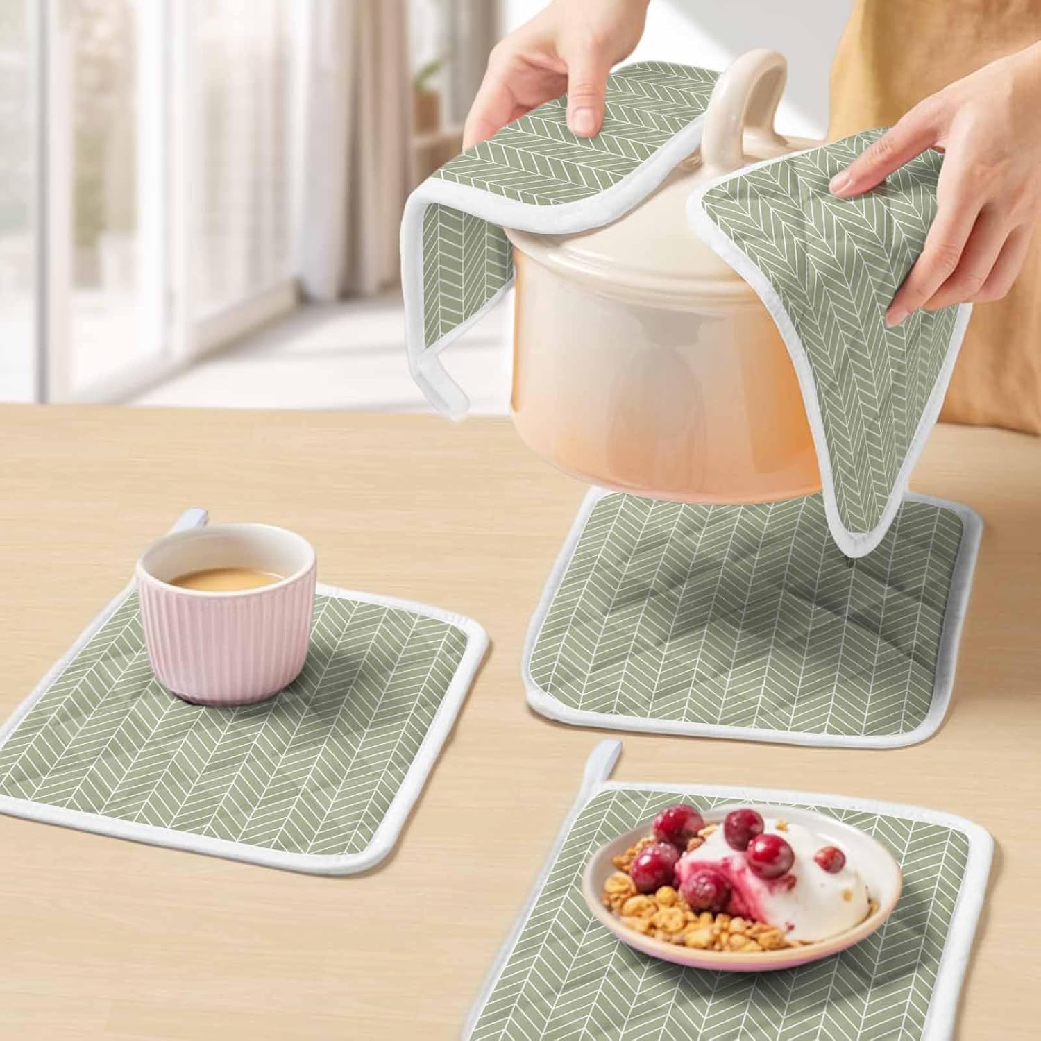 Pot Holder Set of 5 Sage Green Chevron Pattern Potholder Heat Proof Non Slip Pot Holders, Modern Geometric Art Hot Pads Potholders for Kitchen Cooking Baking BBQ