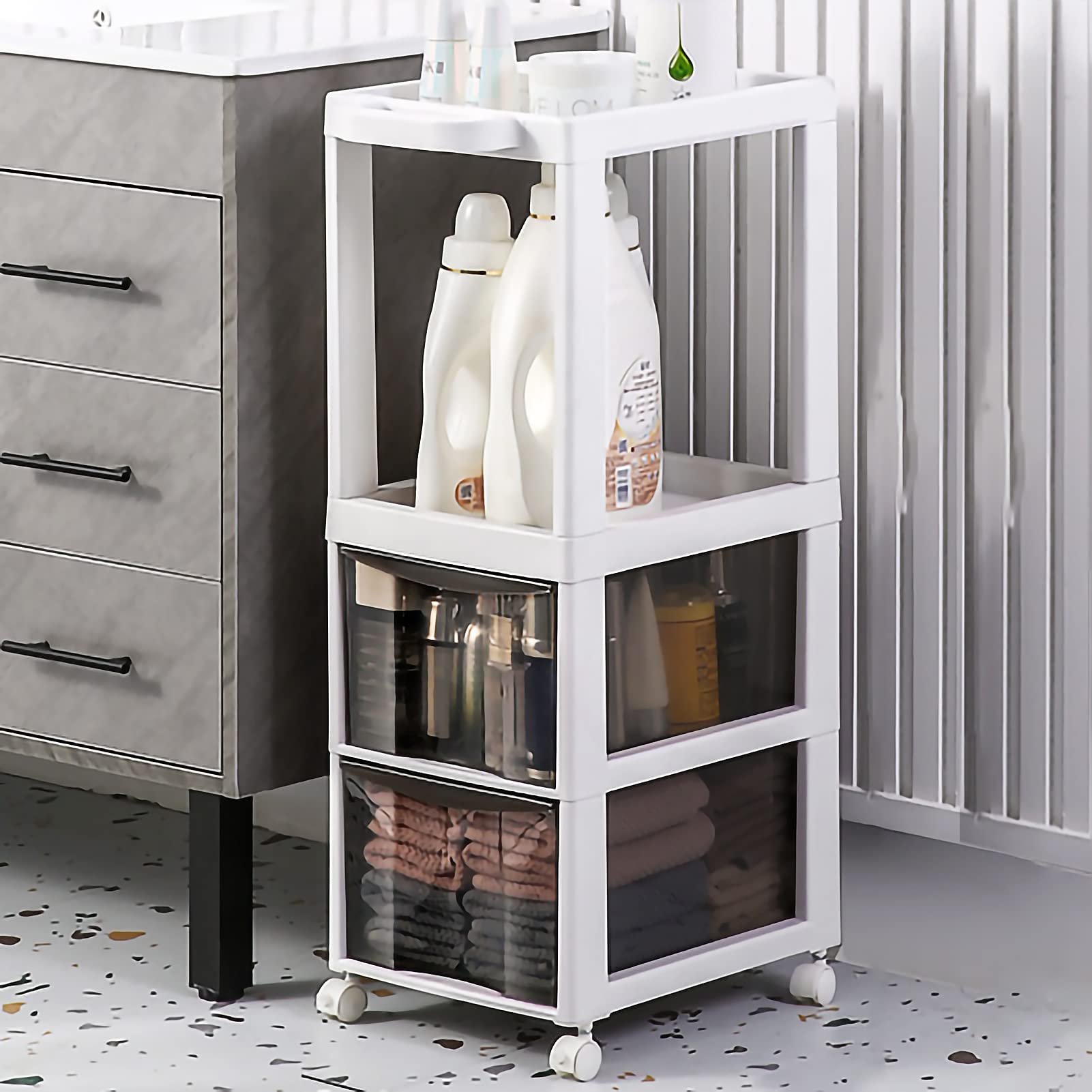 Cajones de almacenamiento apilables Gabinete de almacenamiento de baño Delgado con ruedas, Gabinete de piso de baño con ruedas angosto con cajón deslizable, Portarrollos