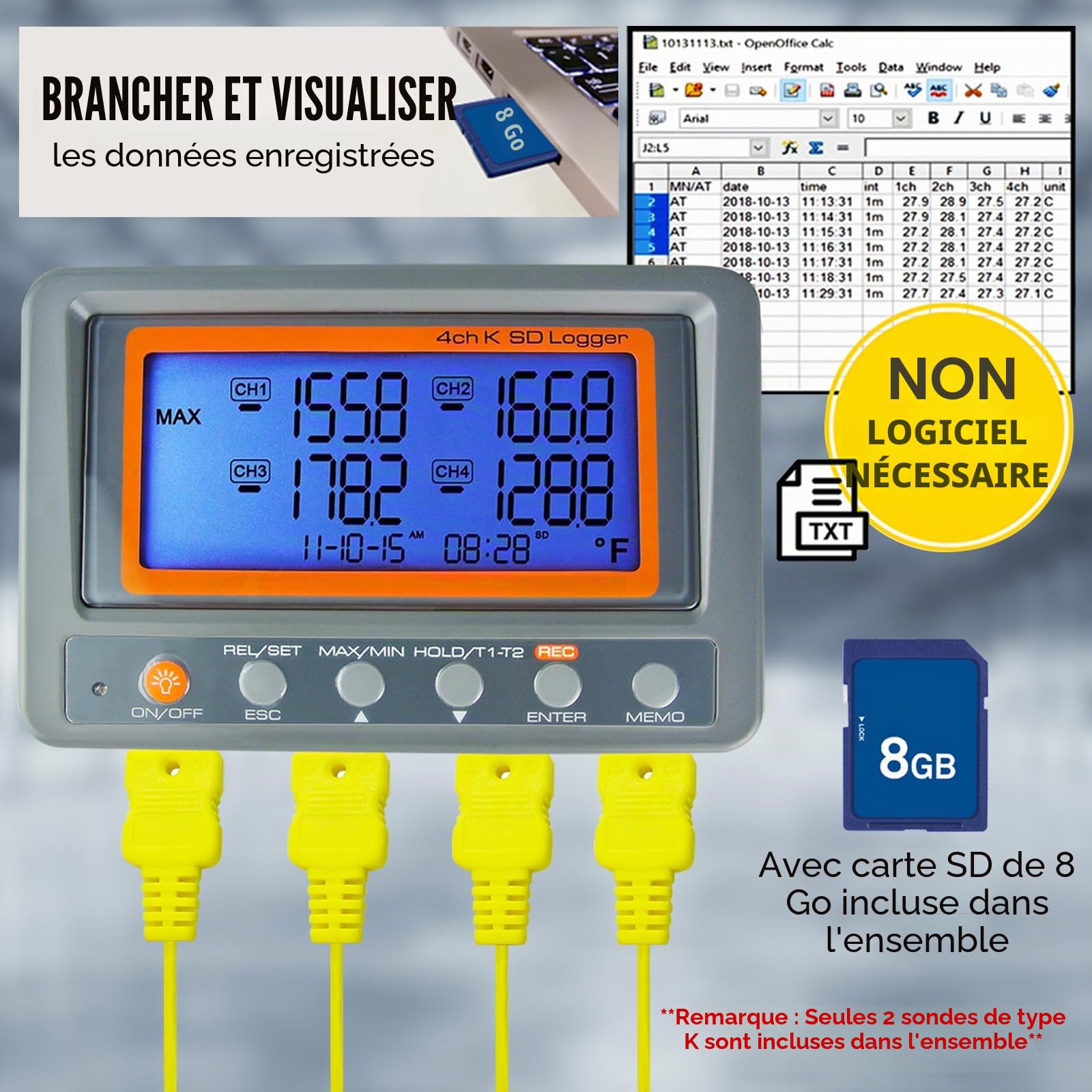 Thermomètre thermocouple numérique 4 canaux type K avec fonction enregistreur de données sur carte SD, alarme de limite haute/basse programmable, capteur de température multi-canaux,