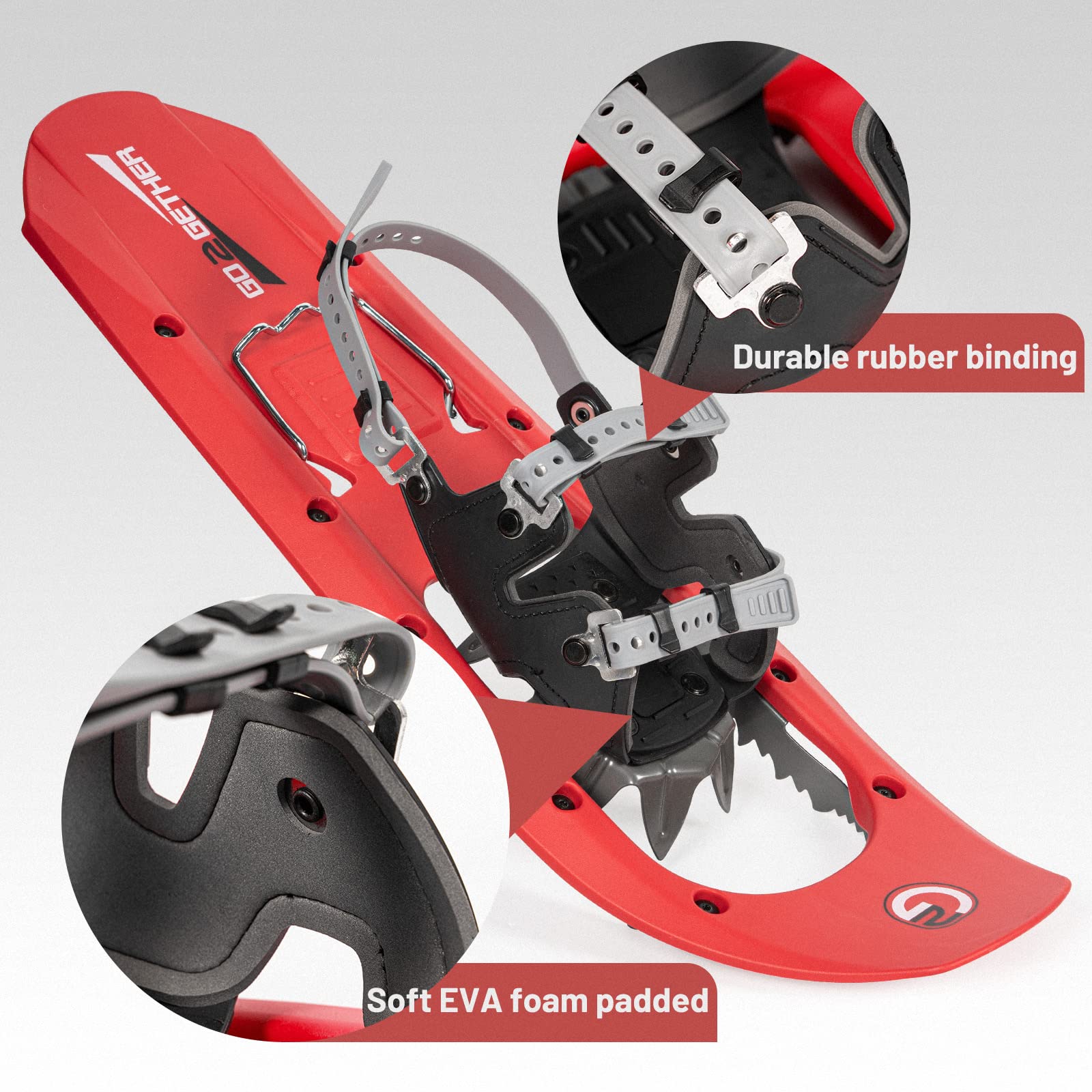 G2 23 Inch Mountain Terrain Snowshoes with Trekking Poles Set, Improved Extended Crampon, EVA Foam Padded, Flexible Pivot Bar, Tote Bag, Red