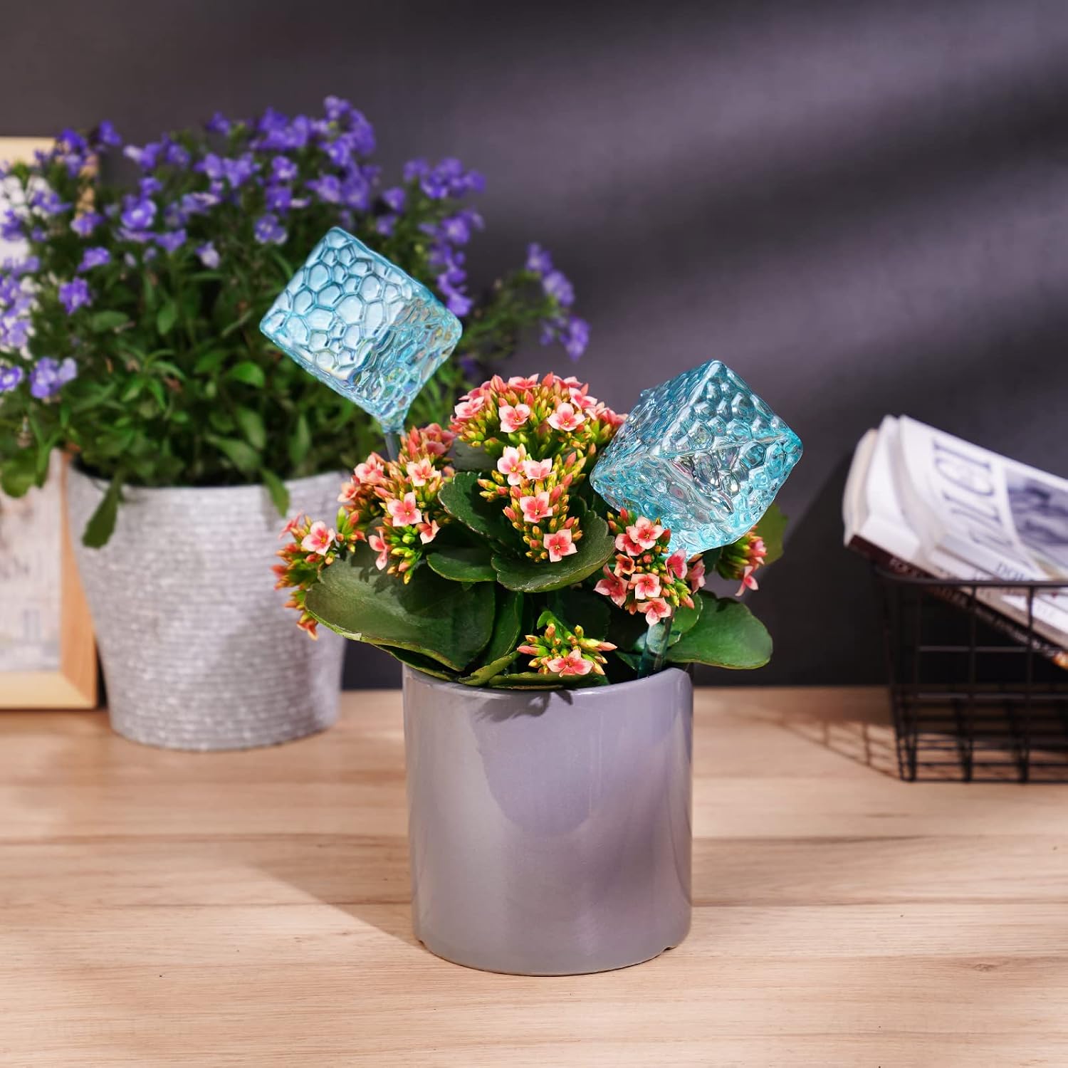 NiHome Glass Plant Self Watering Bulbs 2-Pack Blue Iridescent Water Cube Geometric Molecular Patterned Home Watering Bulbs Planter Insert Decorative Devices Vacation Watering Spikes Indoor and Outdoor