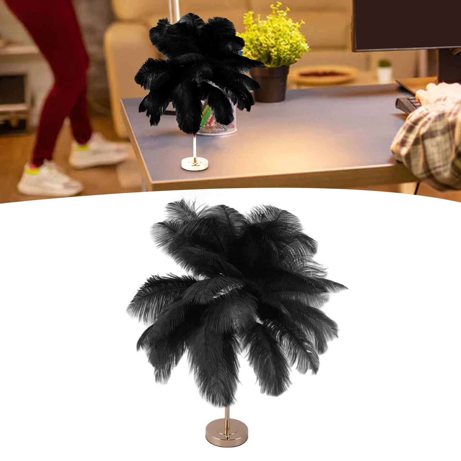 Schnurlose Tischlampen, Light Touch Control Schreibtischleuchte, Wiederaufladbare Laternen LED Nachttischlampe, Straußenfeder Nachtlicht, Schlafzimmerlampe (Schwarz)