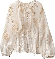 GORGLITTER Women's Boho Peasant Blouse Floral Embroidered Tie Front Flowy Long Sleeve Summer Top