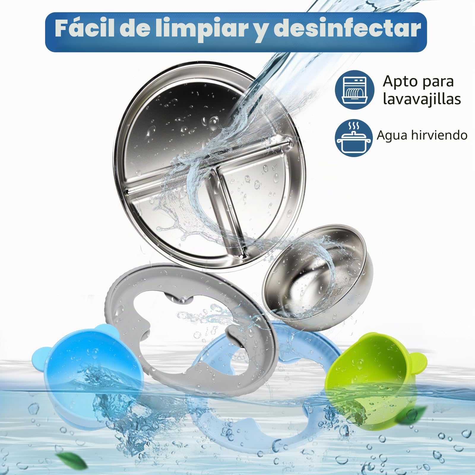 CLDY - Juego de 4 platos y tazones de acero inoxidable para bebés - Base de silicona 100% con ventosa - Platos de destete para niños pequeños - Platos divisores irrompibles - Sin BPA
