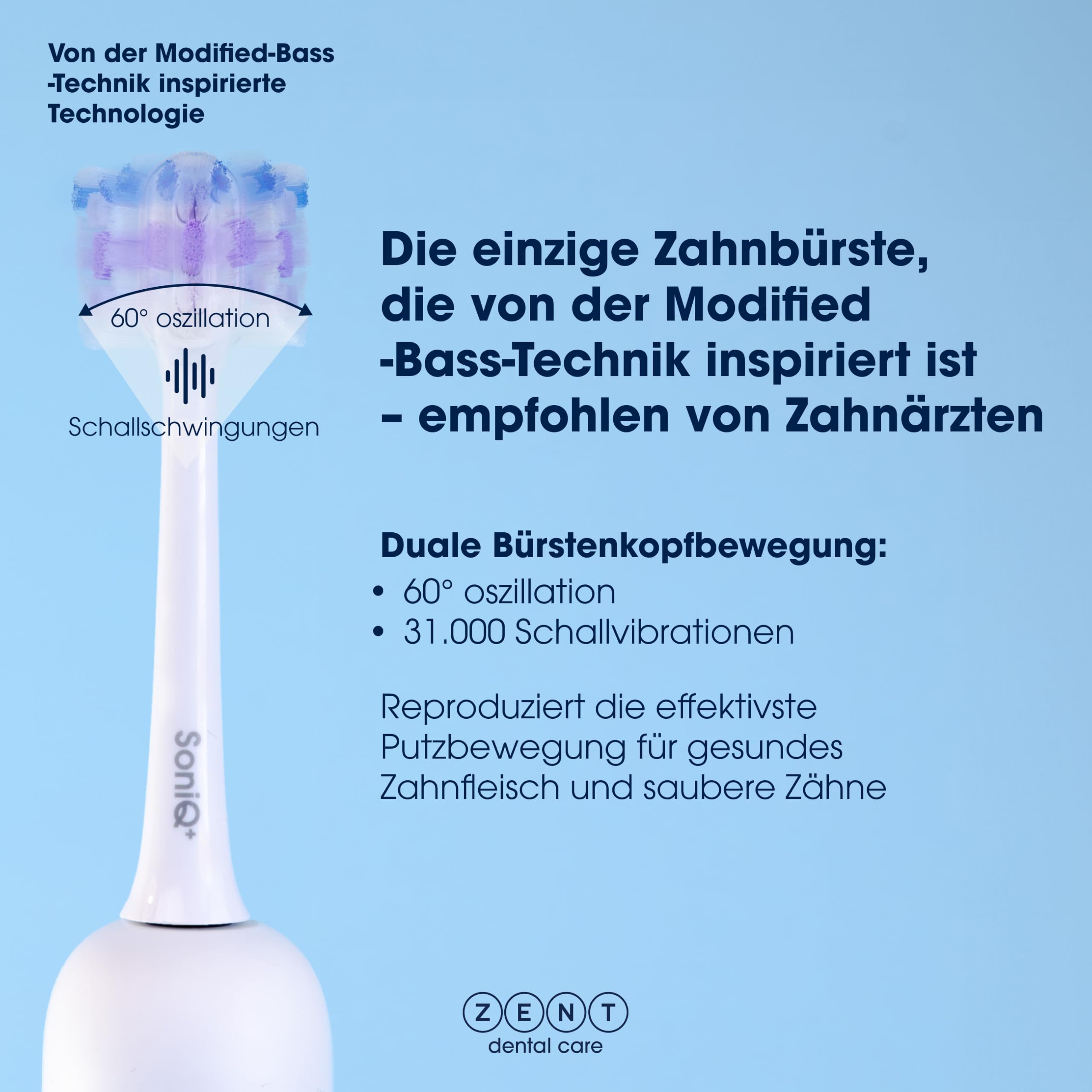 ZENT SoniQ+ Schallzahnbürste 2in1 für empfindliche Zähne Weiß | Die Zahnbürste bietet 60°-Rotationsbewegung, 5 Reinigungsmodi, IPX7 Wasserdichtigkeit und Induktionsladegerät