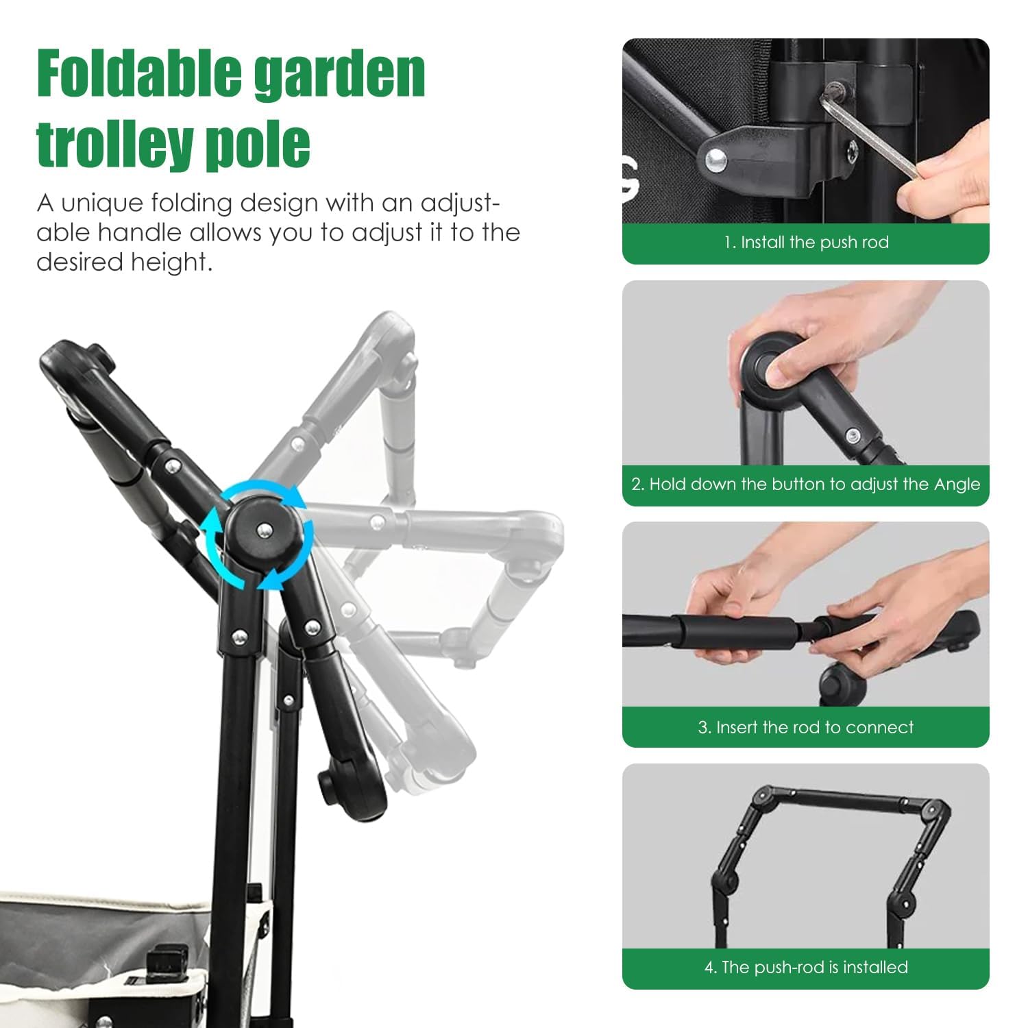 Carrello pieghevole regolabile con maniglia a spinta, resistente per tutti i terreni, per campeggio, spiaggia, giardino e shopping, grande capacità con freno, soluzione versatile per il trasporto