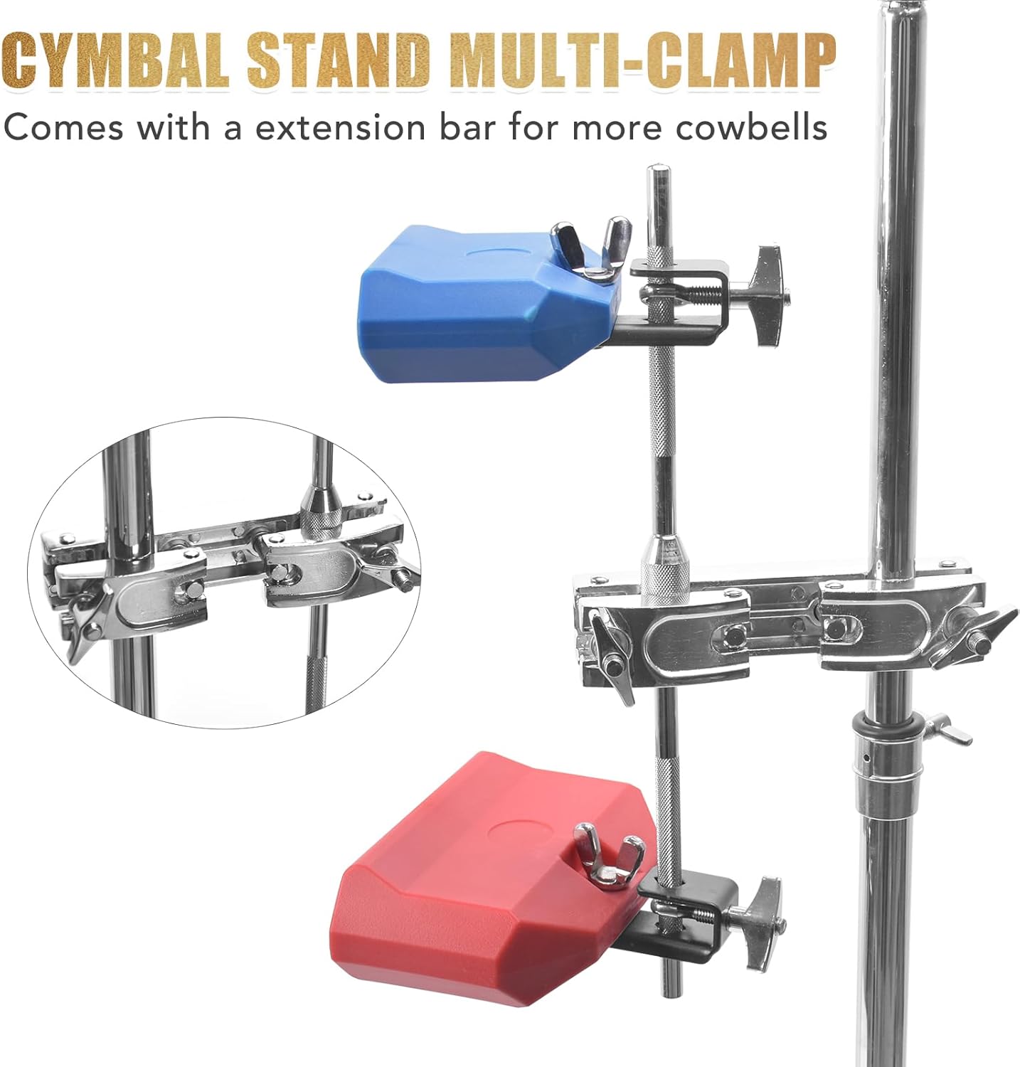 Drum Clamp Mount with Extension Bar, Heavy Duty Quick Release Multi-clamp for Cowbell, Jam Blocks, Tambourines, Mini Timbales, Tom, Cymbal Stands, Professional Drum Hardware Clamp Bracket