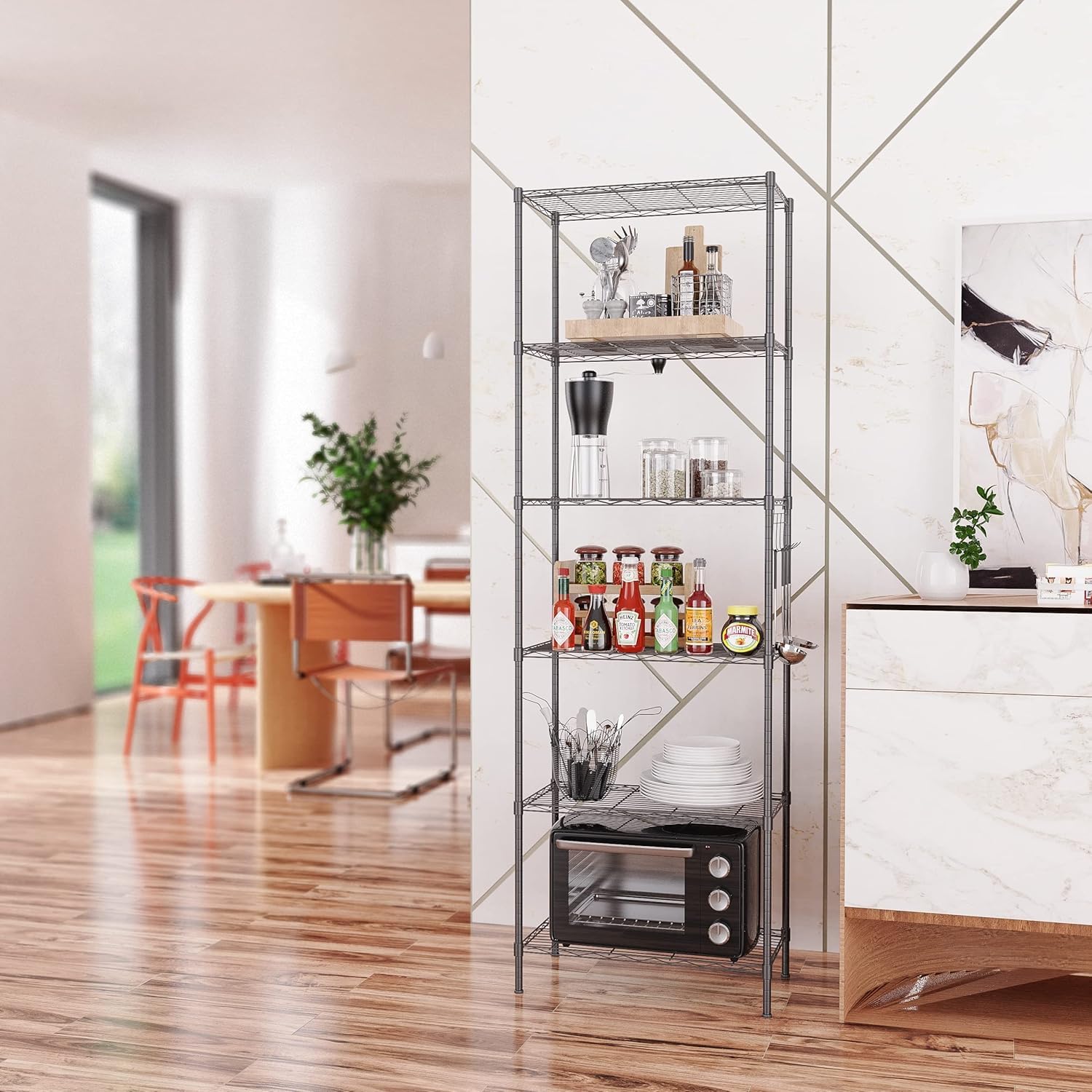 Himimi - Scaffale da cucina, in metallo, con ganci laterali, cromato, 54 x 29 x 160 cm,nero