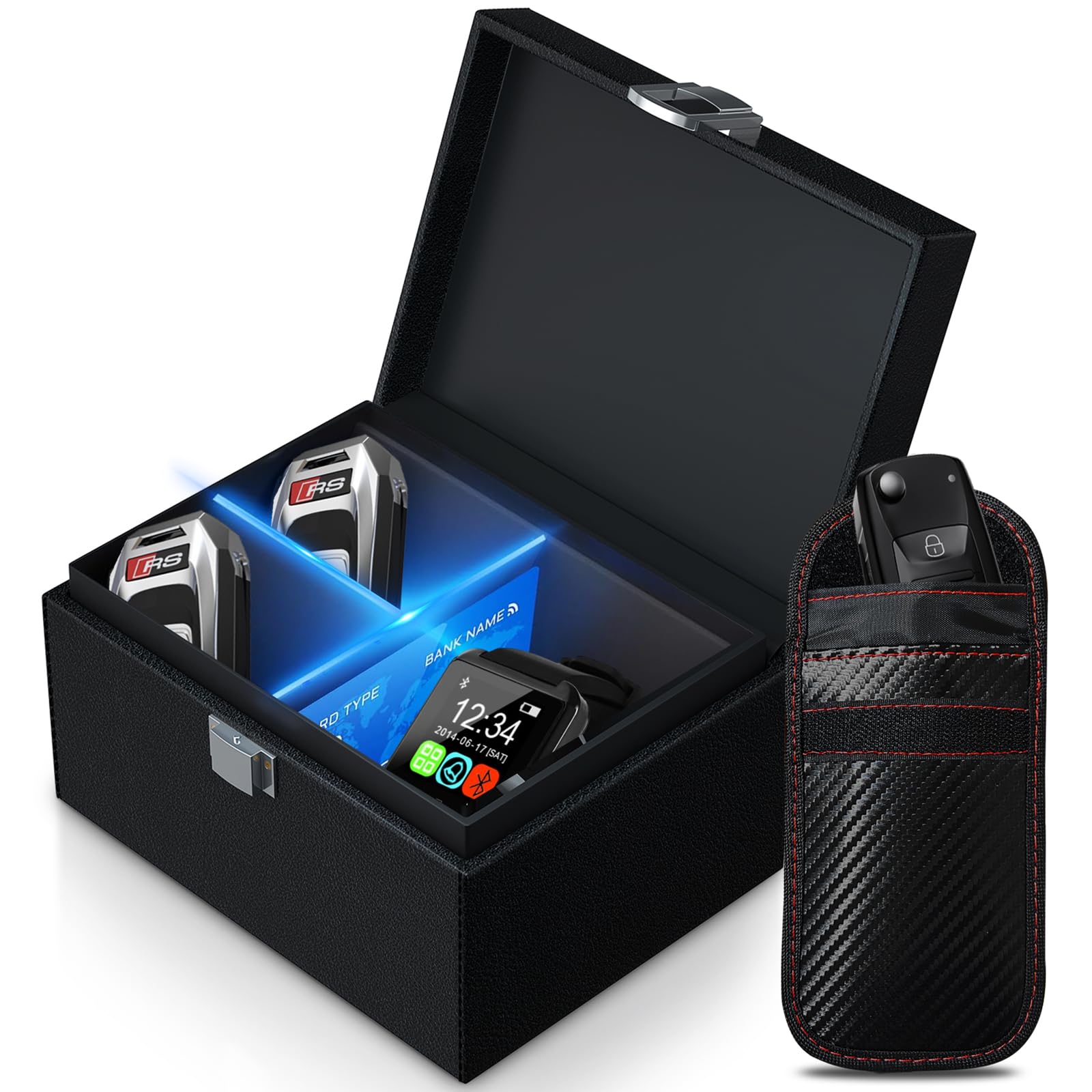 Boîte Anti RFID Clé Voiture Ensemble avec Etui RFID, Keyless Go Boîte Protection, Boîte Antivol Faraday, Bloque Signal RFID Boîte, Boitier Anti Ondes Clé Voiture (Petit)