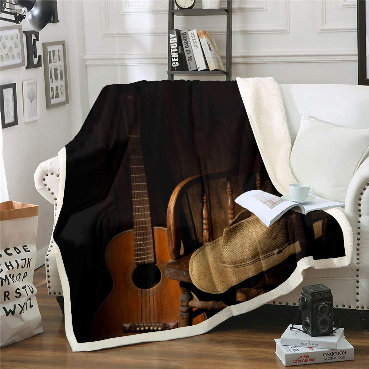 Homemissing Classic Music Fleece Throw Blanket Guitar Sherpa Blanket for Kids Boys Girls Western Hat Decor Plush Blanket Wild West Themed Vintage Fuzzy Blanket for Sofa Bed,King 87x94 Inch — image 1