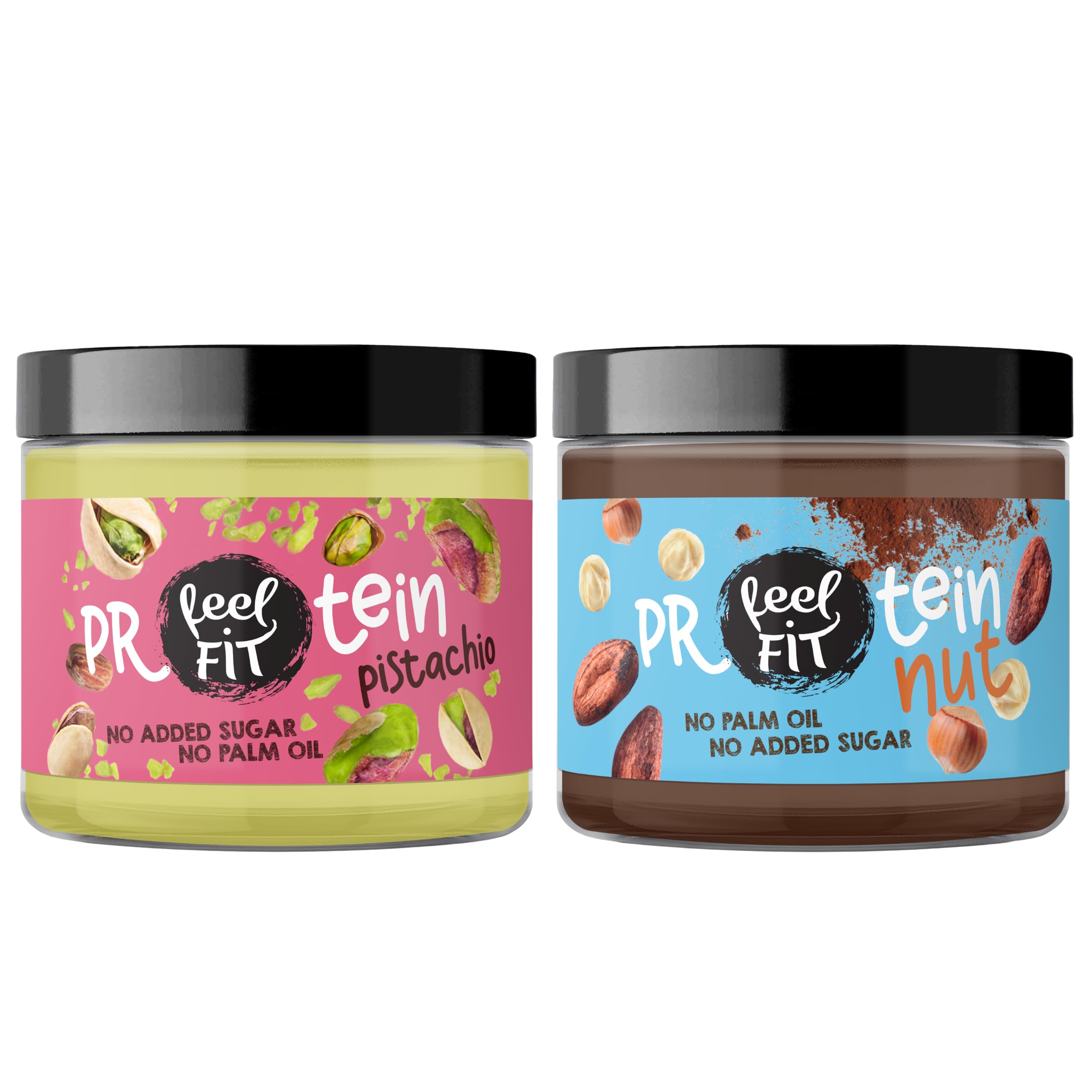 Feel Fit Protein Creme Mix – 2x Protein Pistachio (24% Protein) + 4x Protein nut Kakao-Haselnuss-Aufstrich (17% Protein), Ohne Zuckerzusatz, Ohne Palmöl, Ideal als Brotaufstrich & Dessert, 6x200g