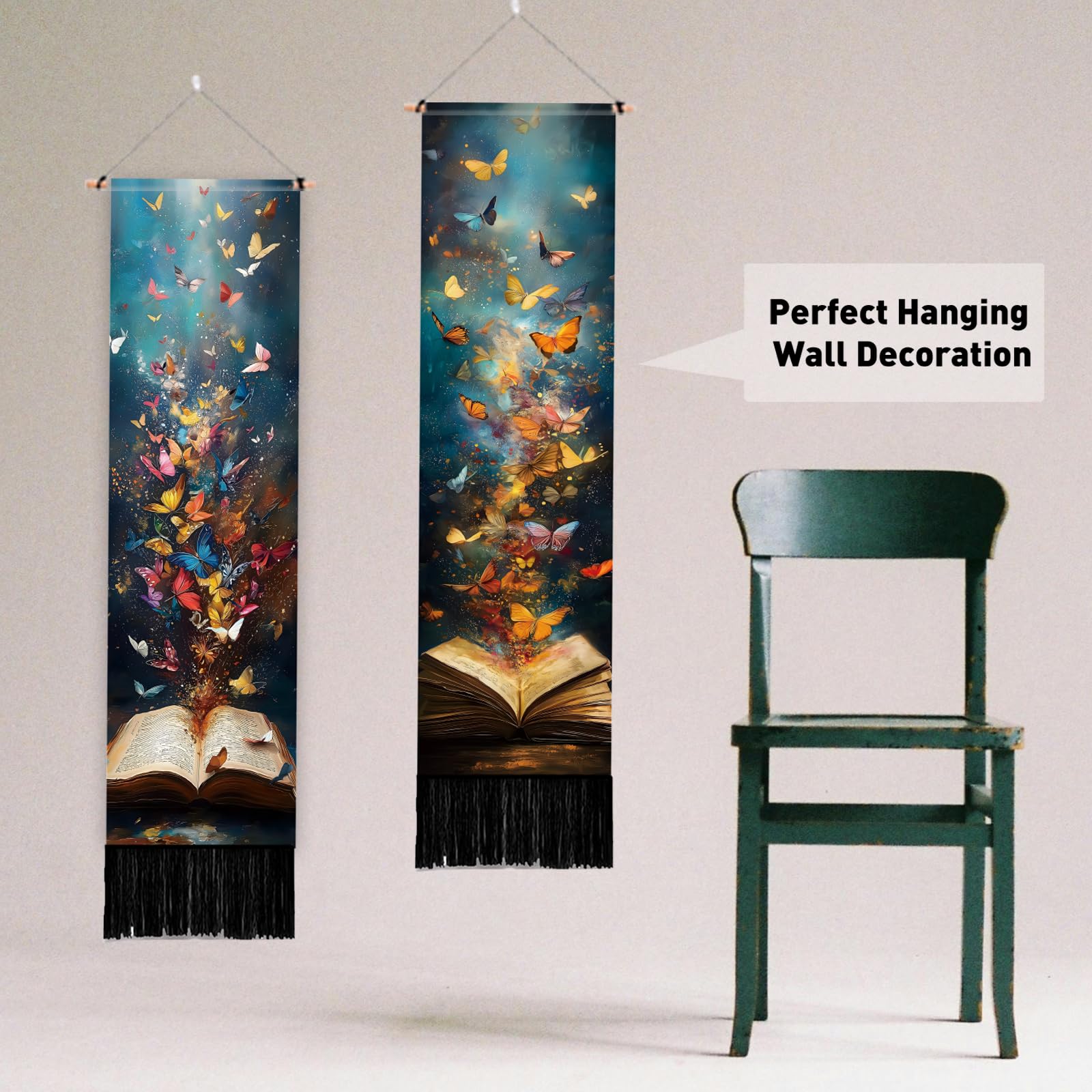 PLIGREAT Confezione da 2 arazzi colorati da parete a forma di libro con farfalle, creativo, lungo, verticale, da appendere alla parete, con nappe, per camera da letto, soggiorno, amanti dei libri