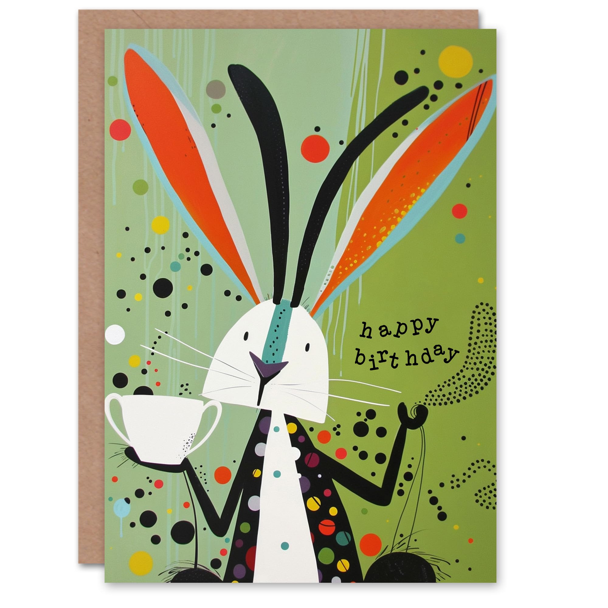 Artery8 Birthday Card Trippy Tea Abstract March Hare Rabbit Colourful For Her Gran Sister Niece Daughter Wife Woman Greeting Card