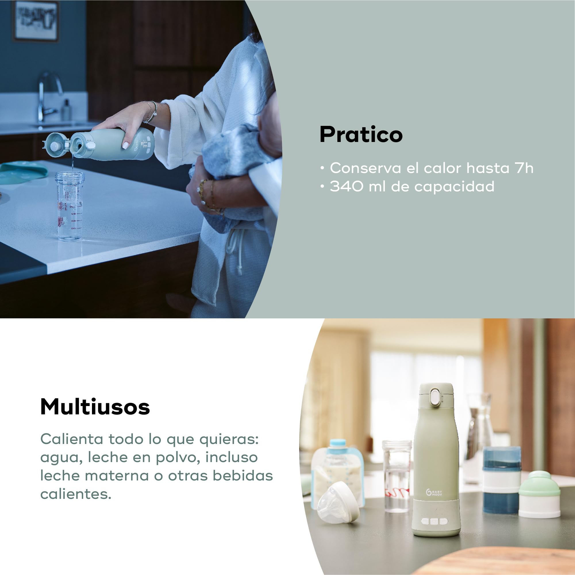 Babymoov Calientabiberones transportable inalámbrico Moov&Feed, Capacidad 340 ml, Agua o leche materna, Temperatura regulable, Mantenimiento en caliente (hasta 7h), Recarga USB, Sage green