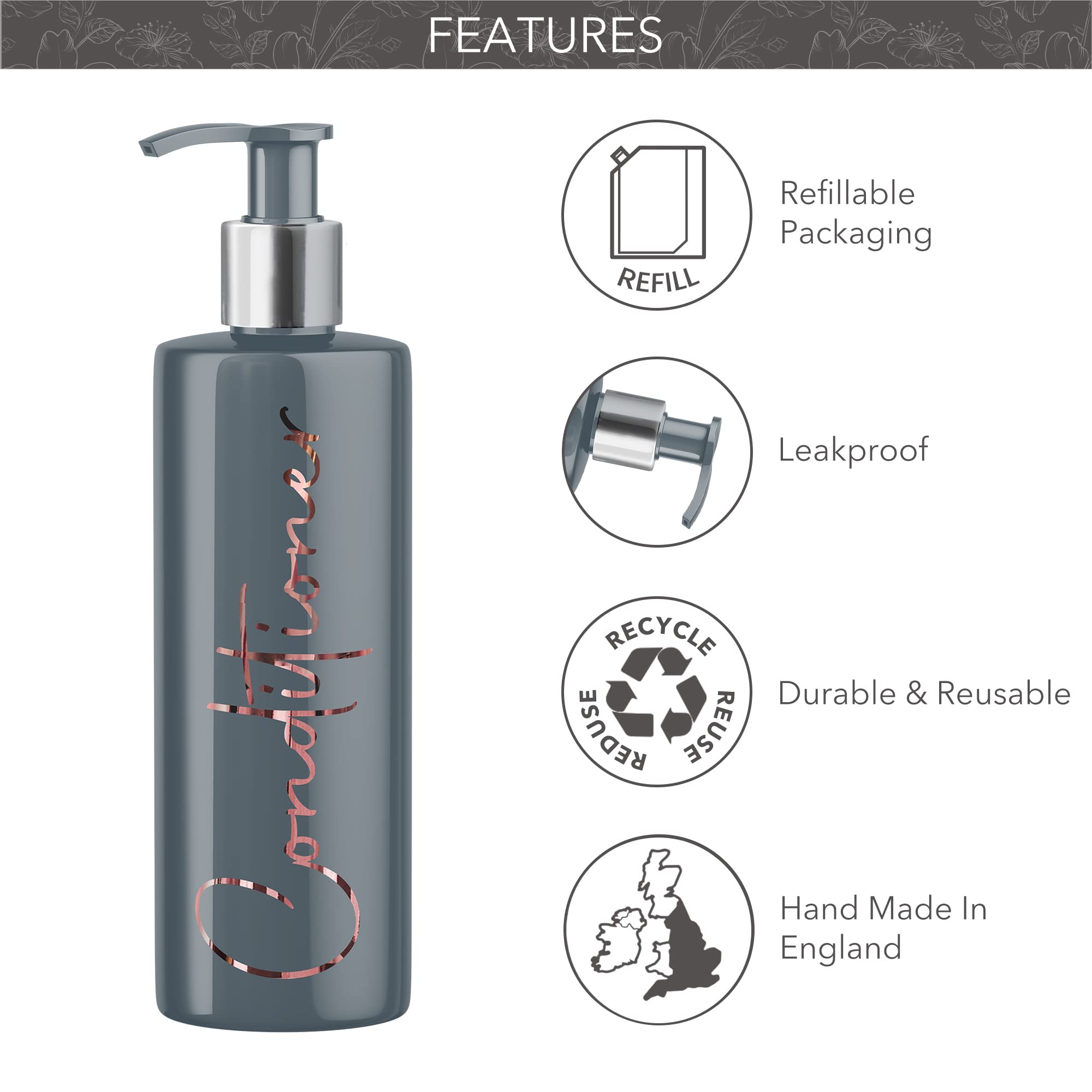 Print Maniacs Grey Mrs Hinch Inspired Personalised 500ml Pump Bottles Bathroom Lotion Kitchen Set Shampoo Conditioner Body Wash F2 (Rose Gold - Image 4