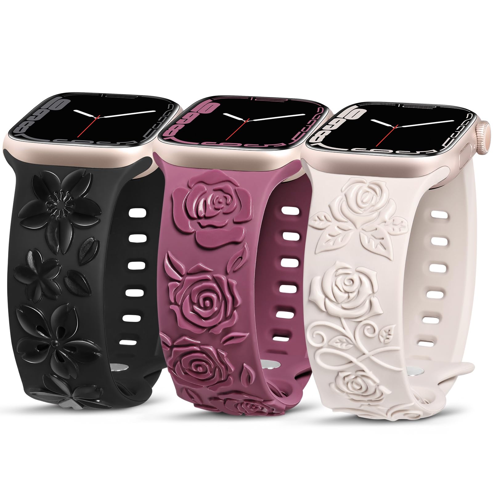 TOYOUTHS 3-Pack Floral Engraved Band Compatible with Apple Watch Bands Women 38/40/41/42/44/45/46/49mm Soft Silicone Dressy Cute Rose Embossed Strap