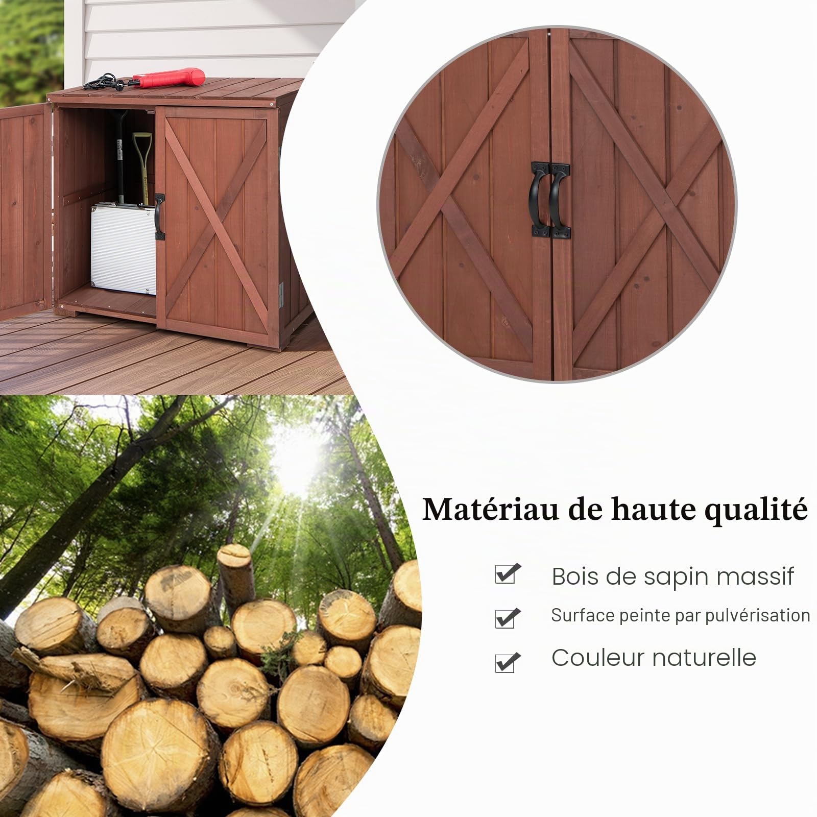 HOMASIS Étagère de jardin en bois, abri de jardin résistant aux intempéries, armoire en bois avec double portes et 2 poignées, abri de rangement pour outils de jardin, 77 x 56 x 72 cm, Café
