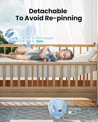 Miniatura 4 de Gaiatop Mini ventilador portátil para cochecito, funciona con pilas, pequeño clip, desmontable de 3 velocidades recargable, rotación de 360, trípode