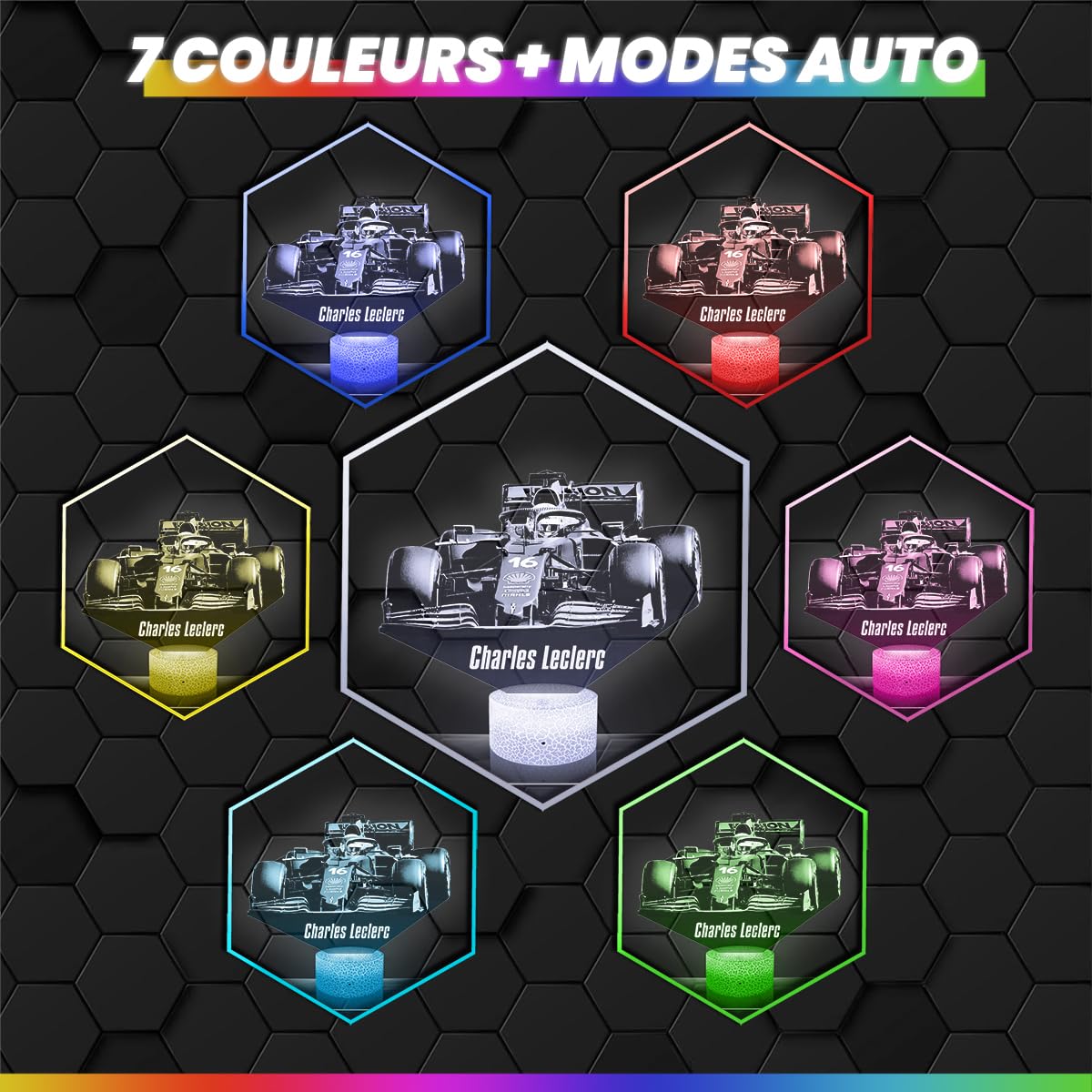 Lampephoto.fr - Lampe 3D Formule 1 Charles Leclerc pilote F1, idée cadeau fan F1, Veilleuse Tactile Led Illusion, Effet Hologramme 3D, Idée Cadeau Noël Anniversaire Garçon et Fille TOP