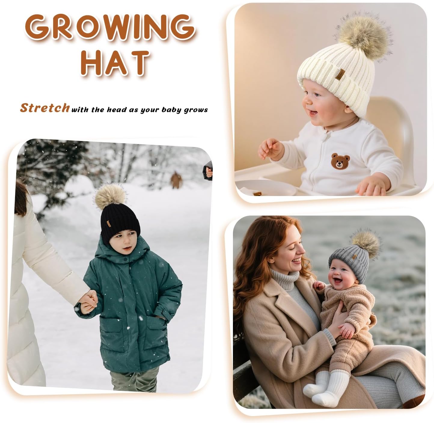 Kids Winter Hat Toddler Stretchy Knitted Beanie with Faux Fur Pom Poms Beanie for Baby Girls Boys - Image 7