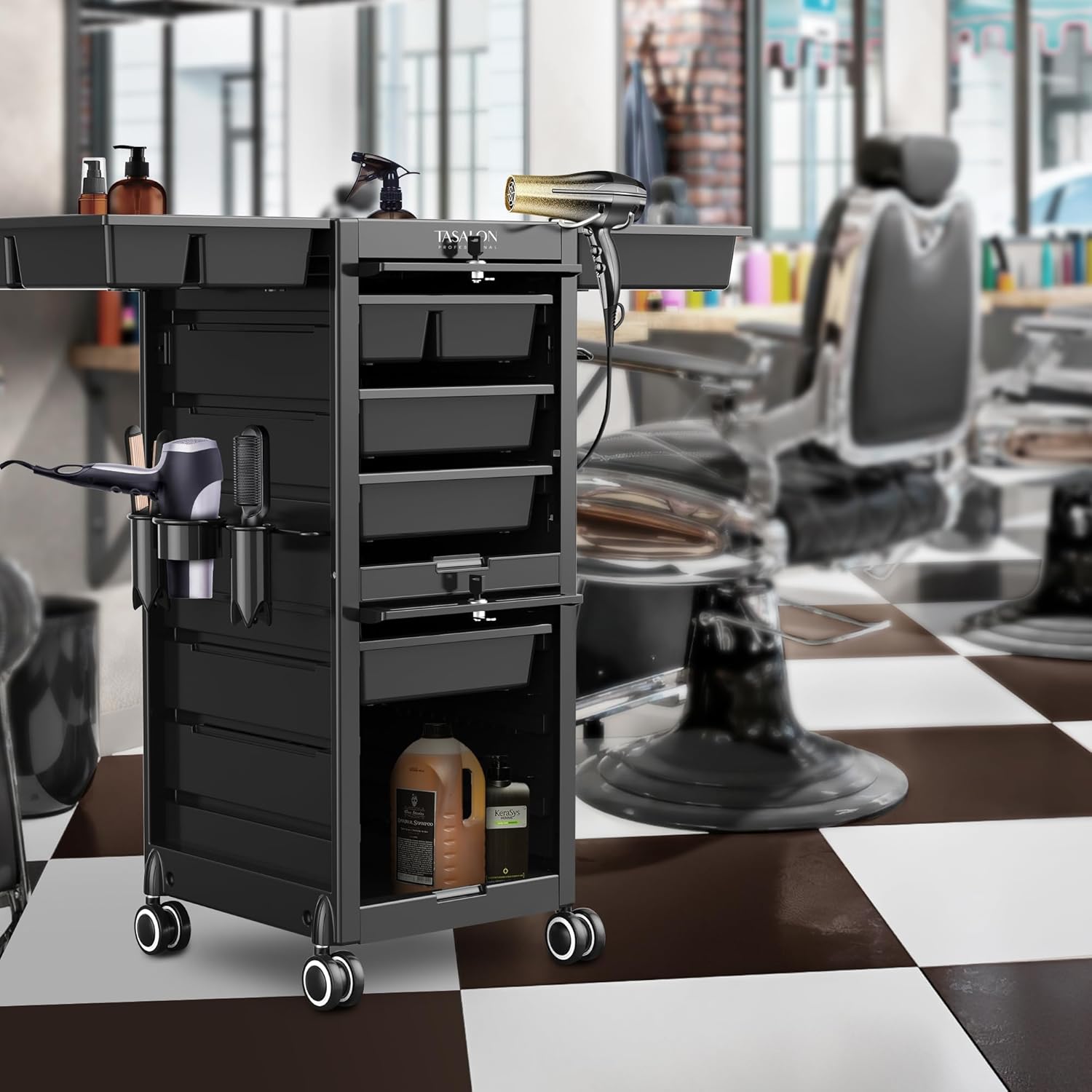 Black Lockable Salon Trolley Cart with 6 Drawers and Tool Holders