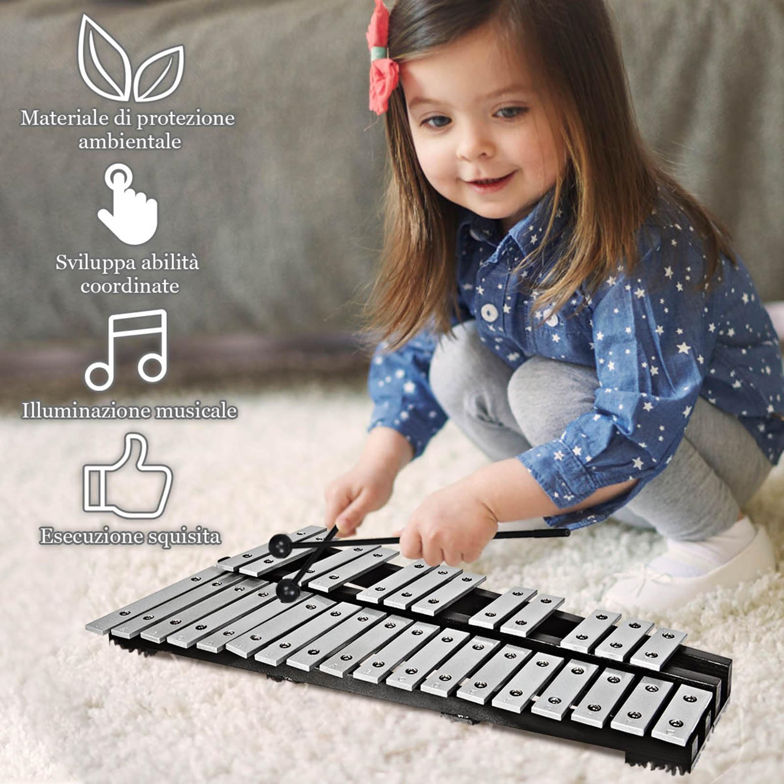 COSTWAY Xilofono 30 Note Metallofono per Bambini Glockenspiel Pieghevole con Borsa e Bacchette