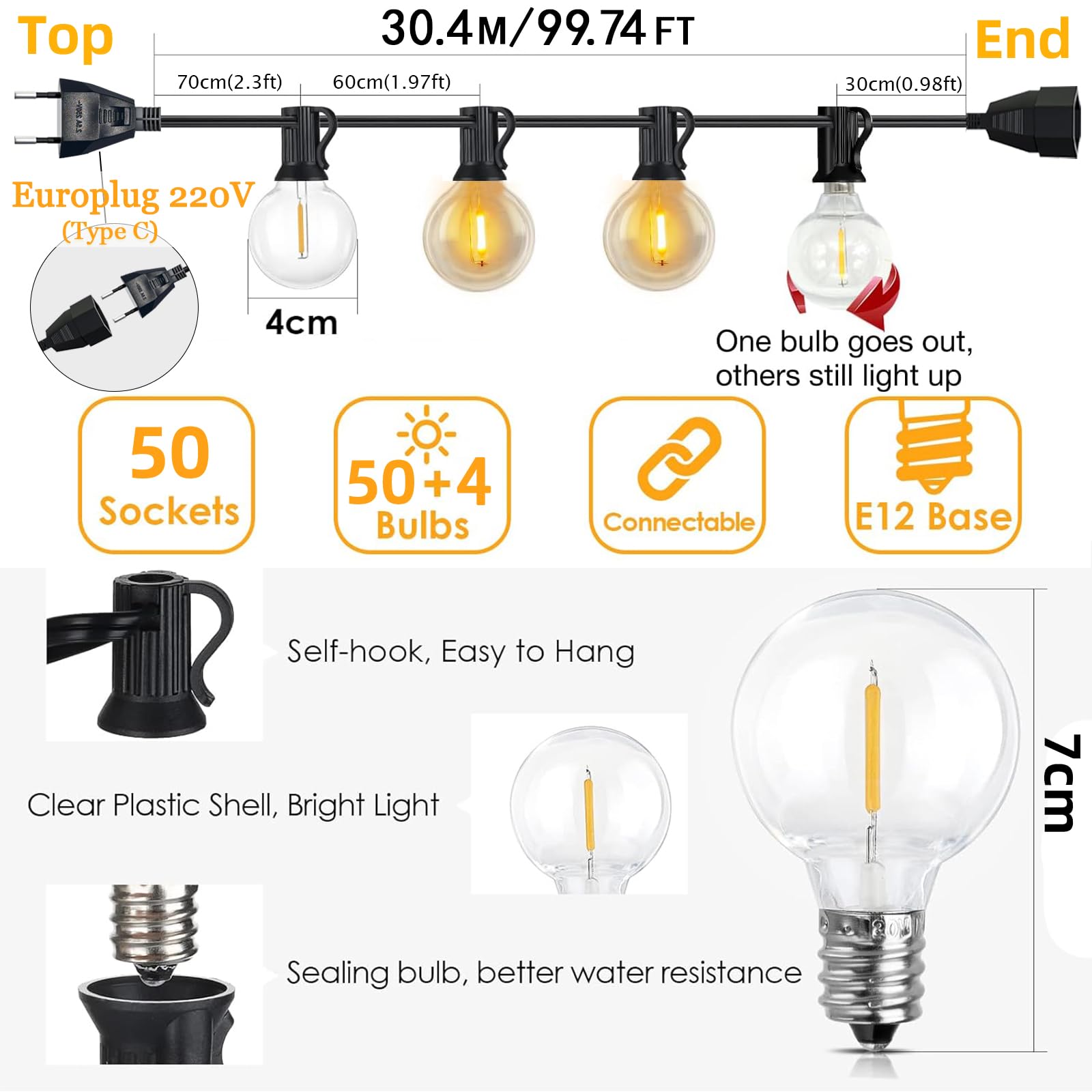 G40 Guirlande Lumineuse Exterieure 30.4M, 50+4 Ampoules | Étanche&Incassable, Prise UE (Type C), 2700K Guirlande Guinguette Exterieur LED Connectable Blanc Chaud pour Jardin Noël