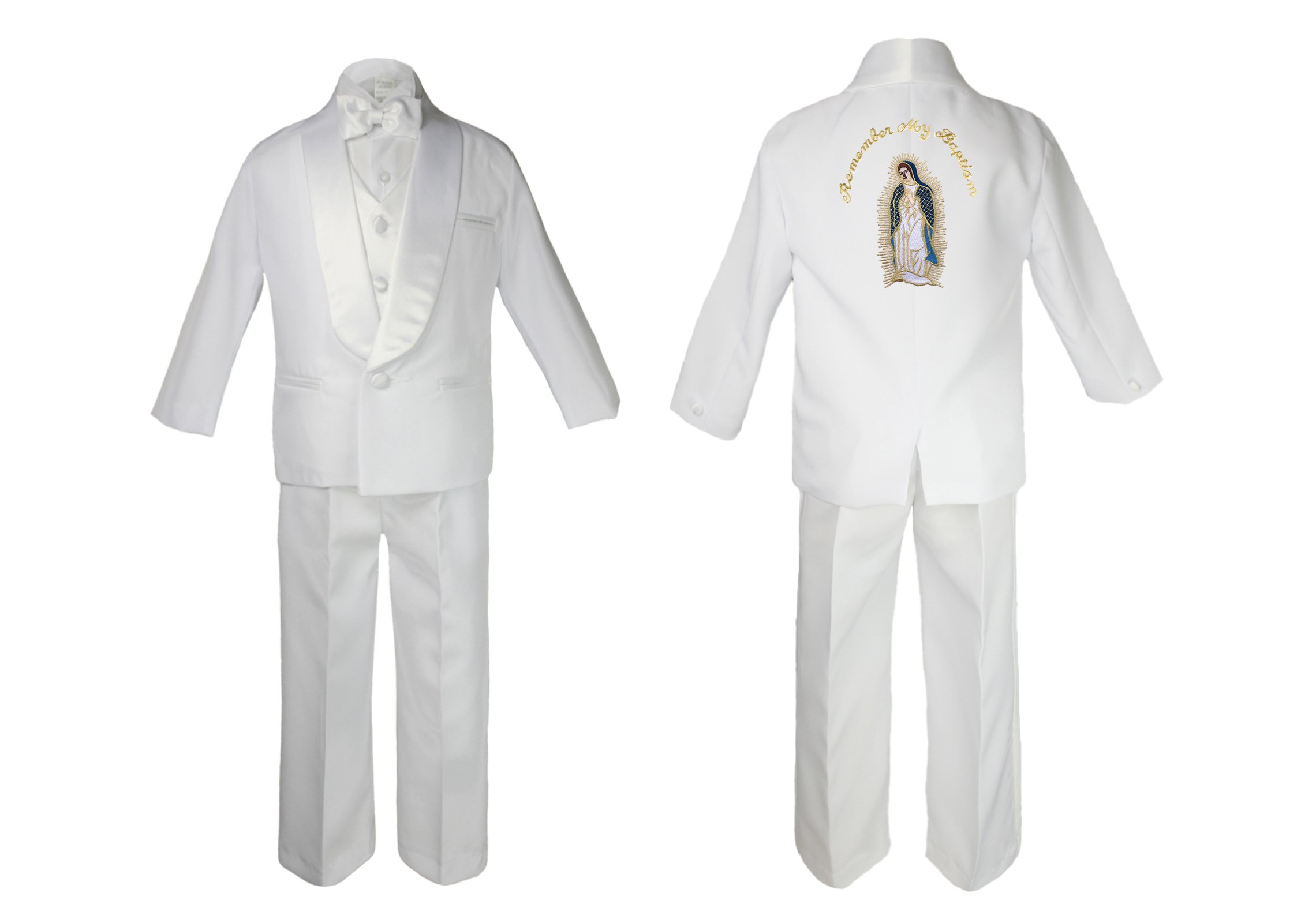New Born Baby Boy Christening Baptism White Suit Maria Guadalupe On Back Sm-7 (Extra Large ( 18-24 Months ), Full Color Gold English)