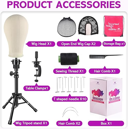 Miniatura 8 de Cabeza de peluca de 23 pulgadas, soporte para peluca trípode con cabeza, soporte de peluca de lona con cabeza de maniquí para pelucas, juego