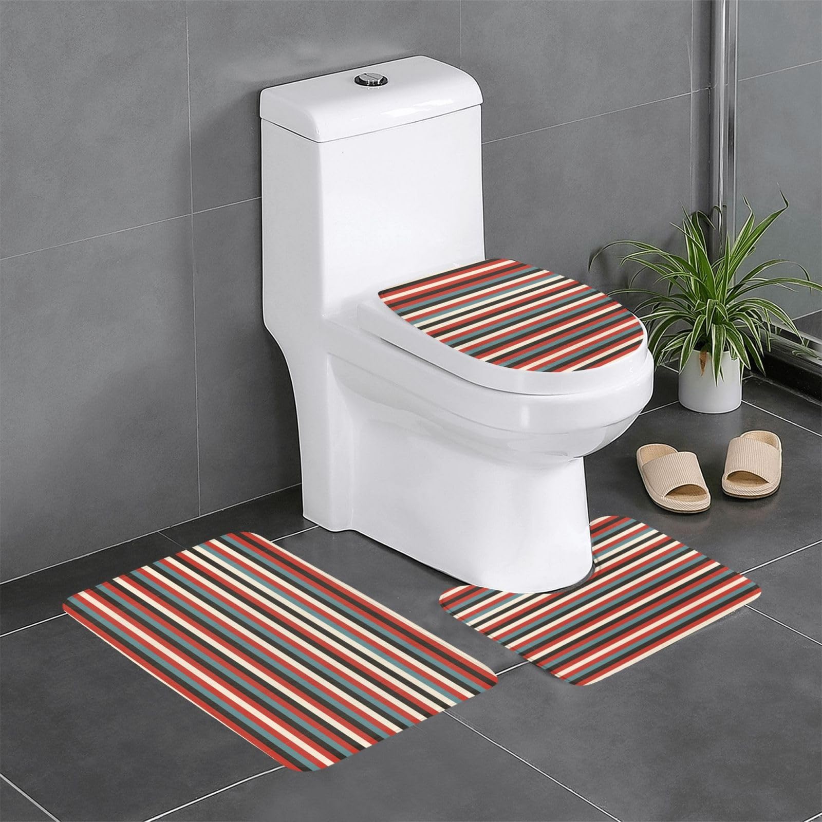 Tapis de salle de bain à rayures ensemble 3 pièces housse cuvette