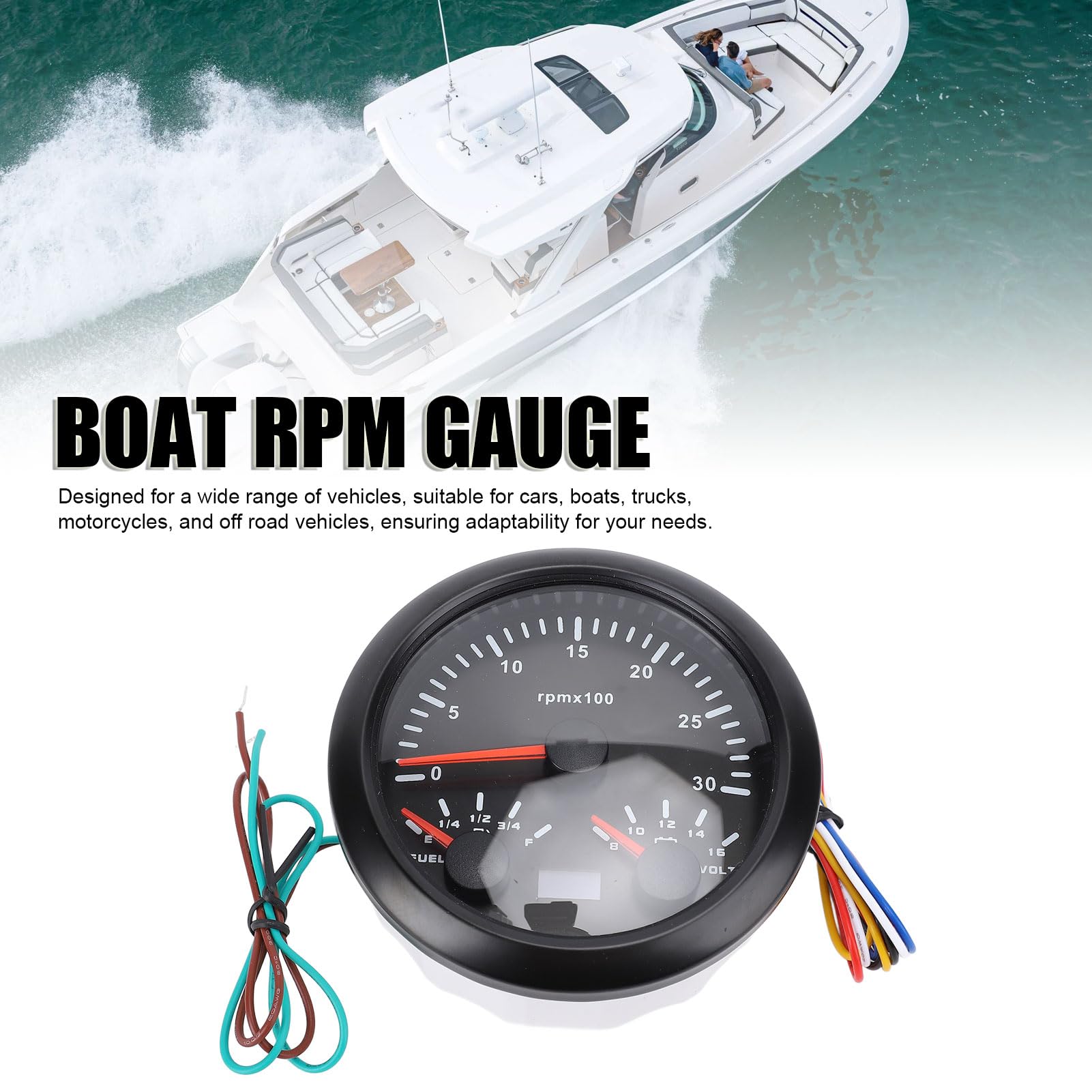 Tachometro Marino 85 Mm, Calibro Voltmetro del Carburante 3 in 1 con la Retroilluminazione di 7 Colori per la Barca per per Auto per Camion, Adatto Alla (Black Dial Black
