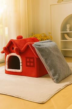 Oumo Villa Kedi Evi Peluş Kapalı Kedi Yatağı Minderli Katlanır (Kırmızı)