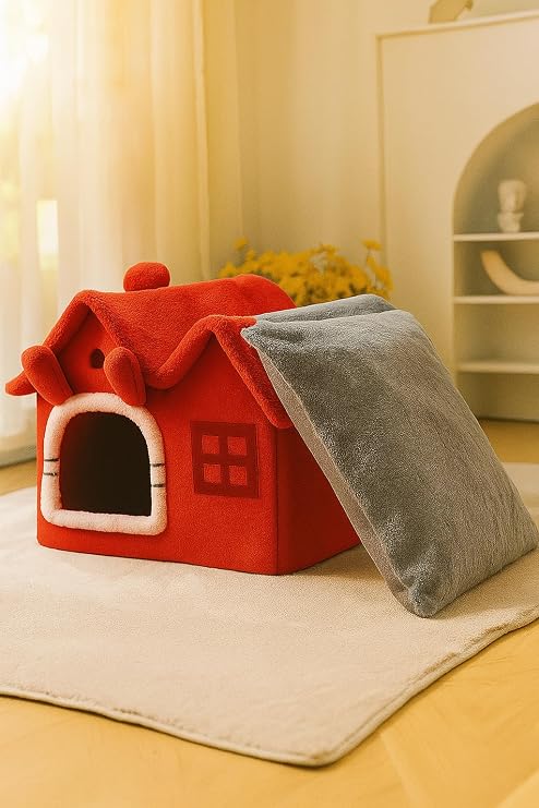 Oumo Villa Kedi Evi Peluş Kapalı Kedi Yatağı Minderli Katlanır (Kırmızı)