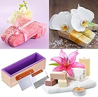 Vista 6 de Ogrmar Silicone Soap Molds Kit-42 oz Wooden Silicone Rectangular Mold with Stainless Steel Wavy & Straight Scraper for Soap Cake Making (Purple)