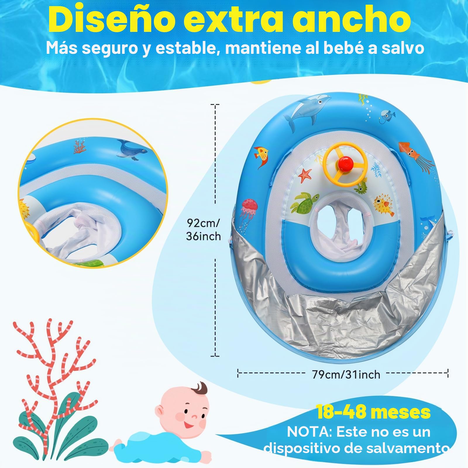 Ninonly Flotador Bebe con Sombrilla UPF50+ Extraíble Flotador para Bebé con Volante Nuevo Inflable Piscina para Niños de Protección Solar Antivuelco para Niños de 18 a 48 Meses